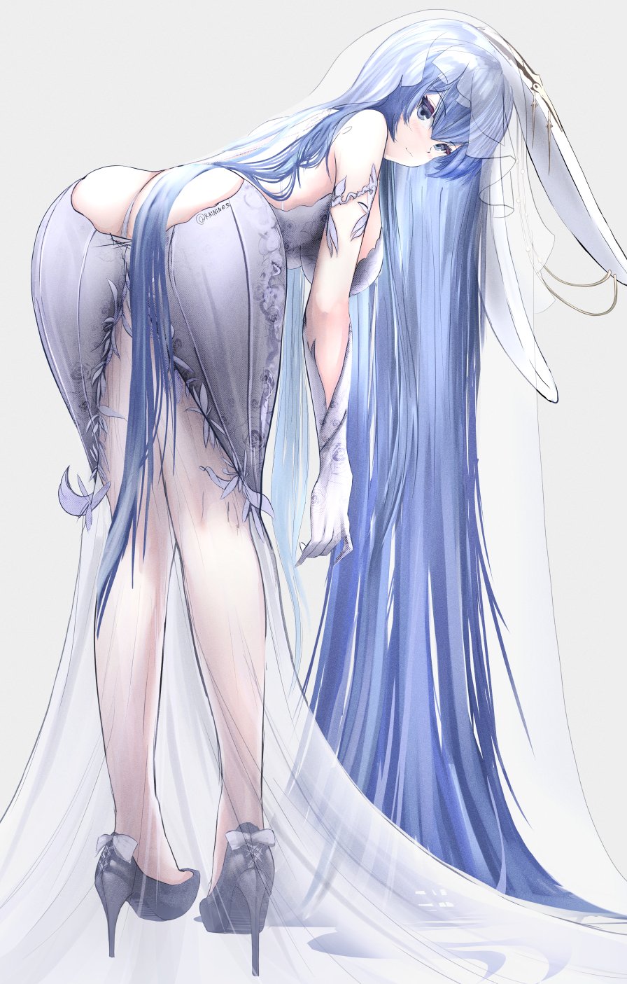 ass ass_focus azur_lane bending_over bent_over big_ass big_breasts blue_body blue_eyes blush breasts bridal_gauntlets bridal_veil bunny_ears female female_only gloves heels kainines kxi999 legs light-skinned_female long_dress long_hair looking_at_viewer looking_back new_jersey_(azur_lane) new_jersey_(snow-white_ceremony)_(azur_lane) partially_clothed ripped_clothing smile smiling smiling_at_viewer thick_thighs thighs wedding_dress white_dress