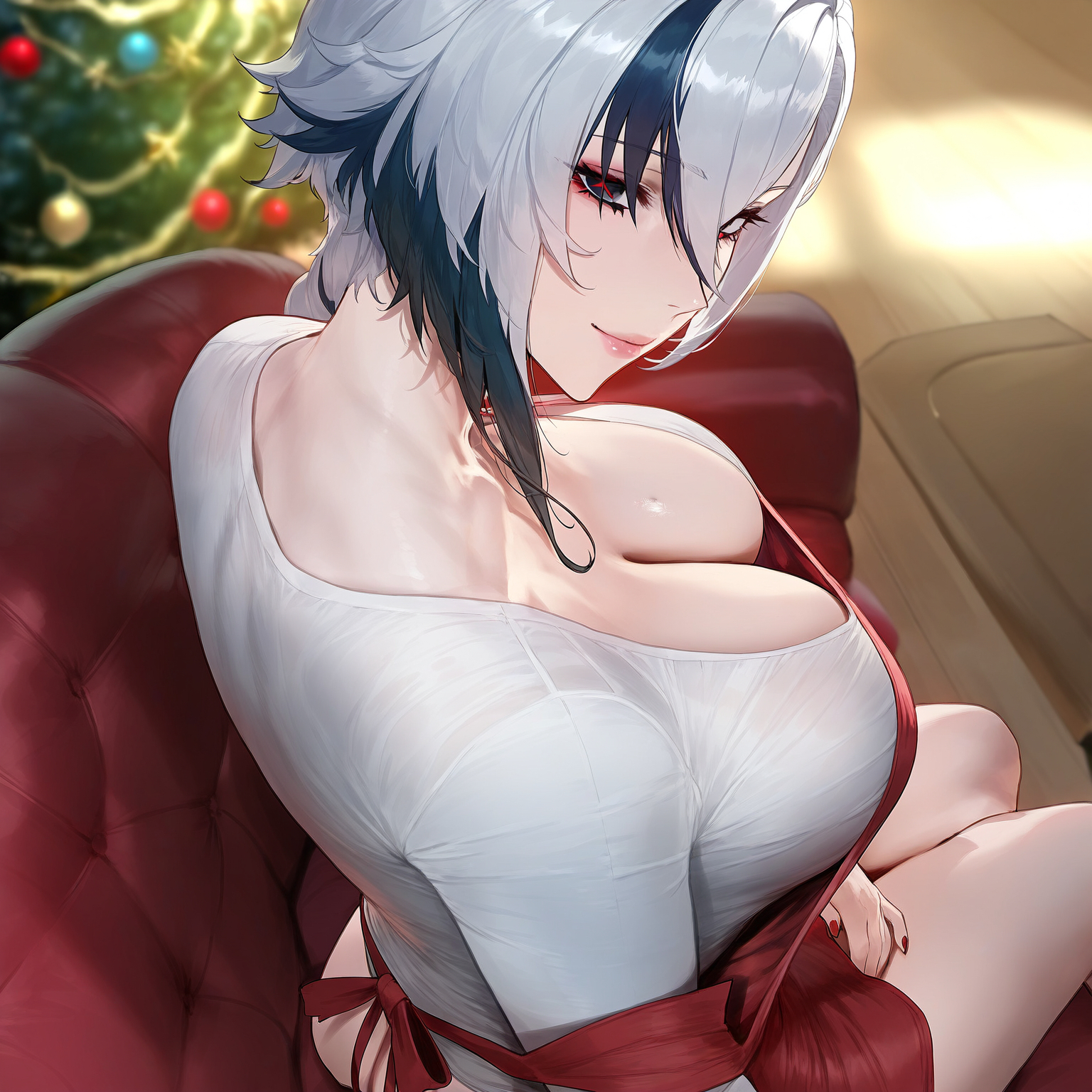 1girls, absurd res, ai generated, apron, arlecchino (genshin impact), breasts, christmas, cleavage, female, from above, from behind, from side, genshin impact, hoyoverse, indoors, large breasts, liu (artist), looking at viewer, presenting, seductive, seductive look, seductive smile, smiling, smiling at viewer, solo, solo female, undressing, voluptuous, voluptuous female, white shirt