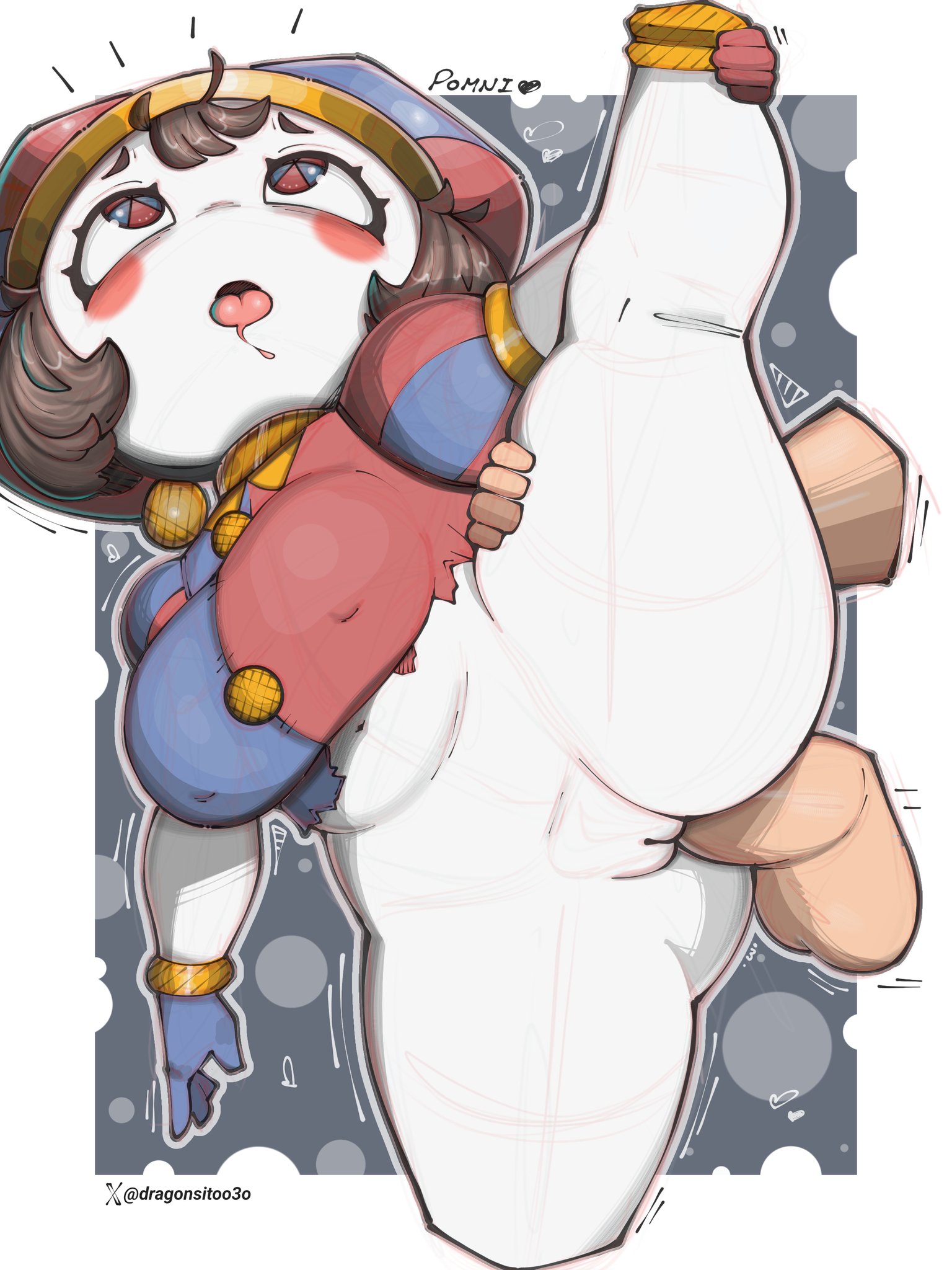 1boy, 1girls, ahe gao, ahegao face, anal, bottomless, breasts, brown hair, dragonsito, female, female focus, glitch productions, gloves, jester, jester cap, jester costume, jester girl, jester hat, jester outfit, leg up, looking up, male, multicolored eyes, offscreen male, penetration, penis, pizza tower, pomni, pomni (tadc), pomni (the amazing digital circus), pussy, ripped clothing, rosy cheeks, short hair, shortstack, straight, tadc, the amazing digital circus, the noise, thick thighs, thighs, tongue, tongue out, torn clothes, torn clothing, vagina, vaginal insertion, vaginal penetration, white body, white skin