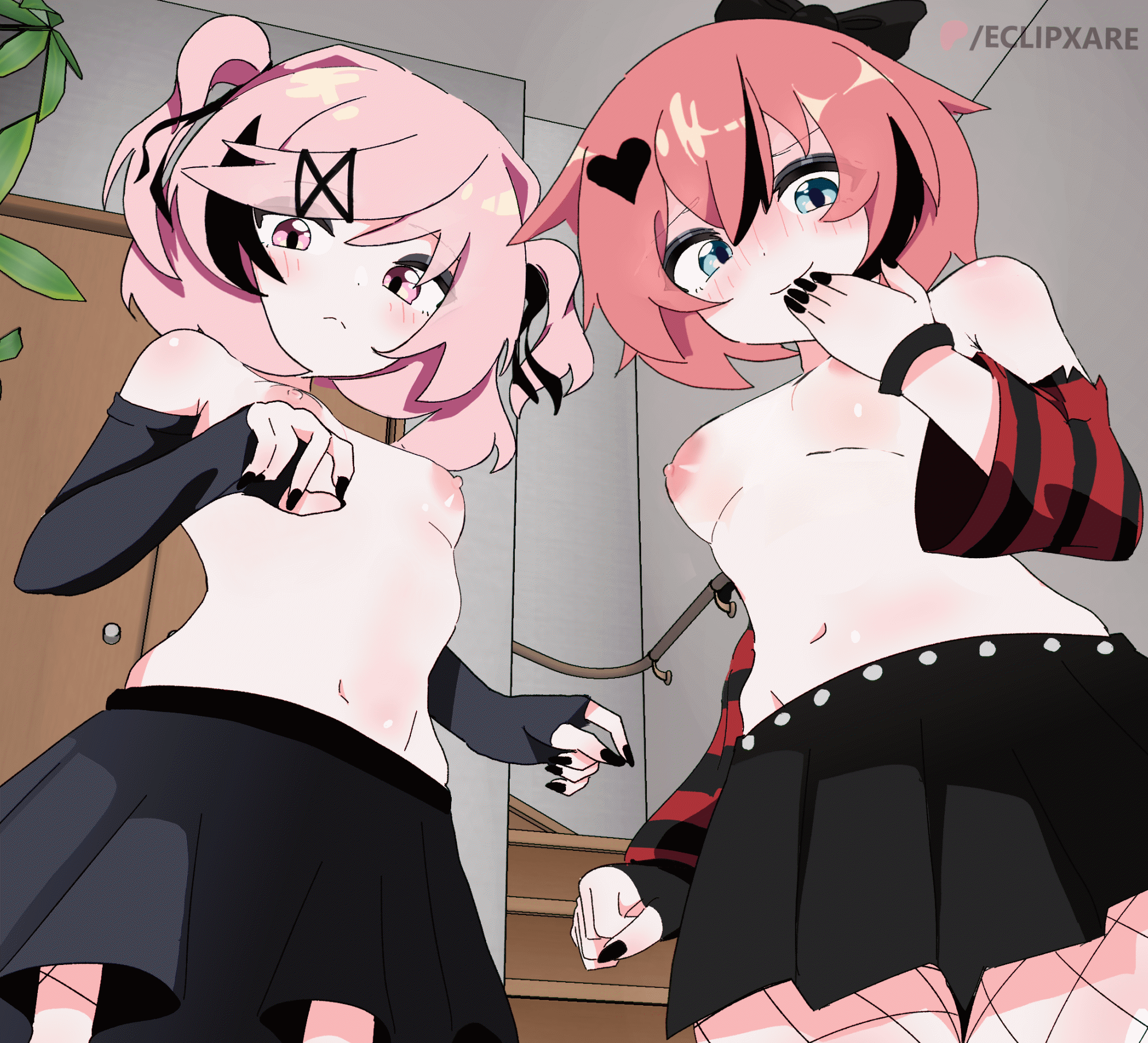 2girls, animated, doki doki literature club, eclipxare, female, female only, fishnets, goth, hd, laugh, laughing, looking at viewer, looking down, multiple females, multiple girls, natsuki (doki doki literature club), sayori (doki doki literature club), shirtless, skirt, topless