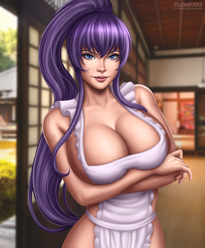 1girls, anime, apron, arms on breasts, artist logo, big boobs, big breasts, blue eyes, breasts, cleavage, deviantart username, female, female only, flowerxl, front view, highschool of the dead, japanese, japanese house, large breasts, light skin, light-skinned female, long hair, looking at viewer, no bra, no panties, ponytail, purple hair, purple lips, purple lipstick, saeko busujima, solo, solo female, standing, straight hair, white apron