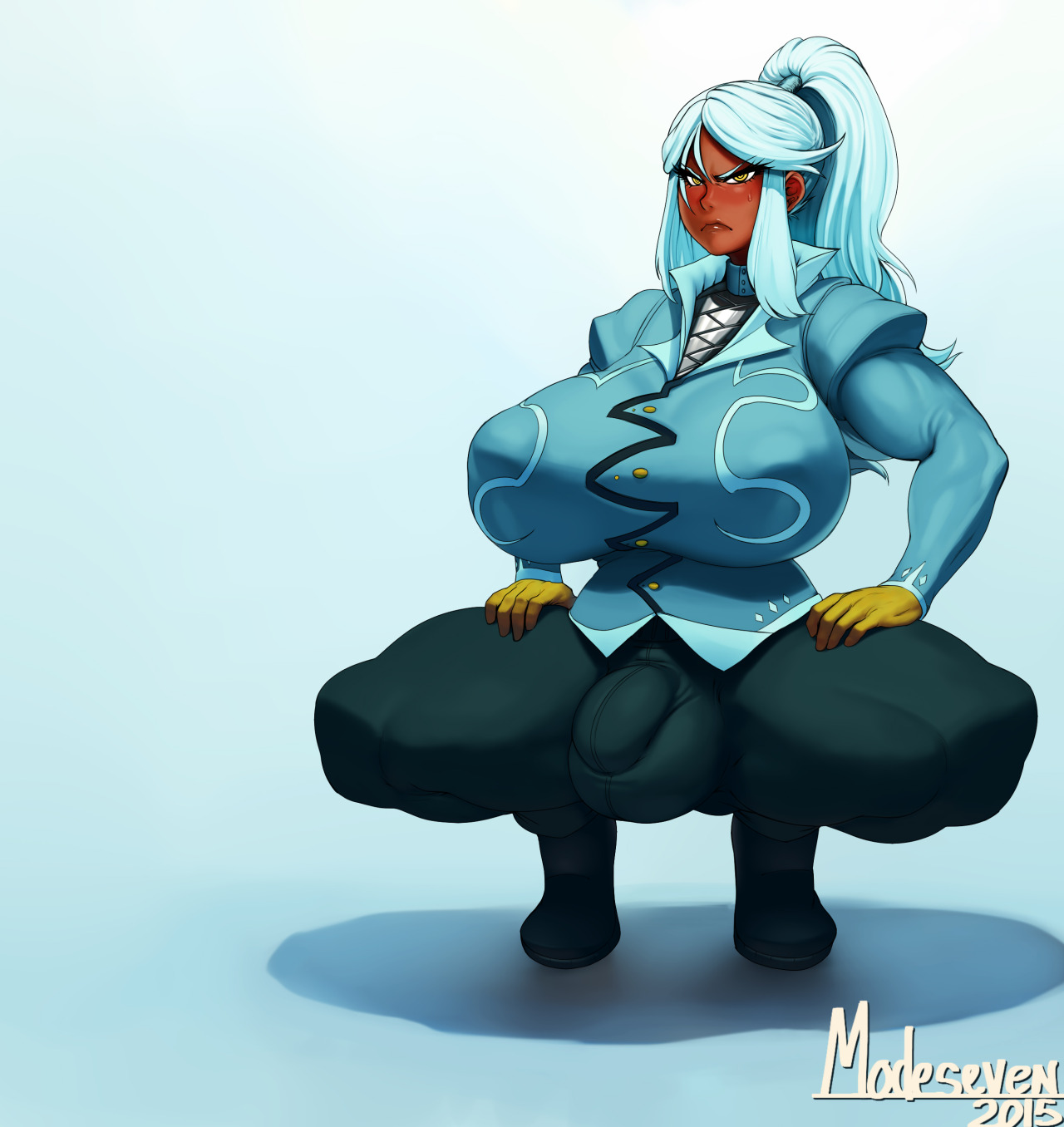 1futa, 2015, alternate skin color, angry, balls, blue hair, blush, breasts, bulge, busty, cameltail, choker, dark skin, flaccid, futa only, futanari, hair, huge balls, huge breasts, intersex, large penis, modeseven, penis, ponytail, skin tight, solo, solo futa, squatting, sweatdrop, tied hair, voluptuous, yellow eyes