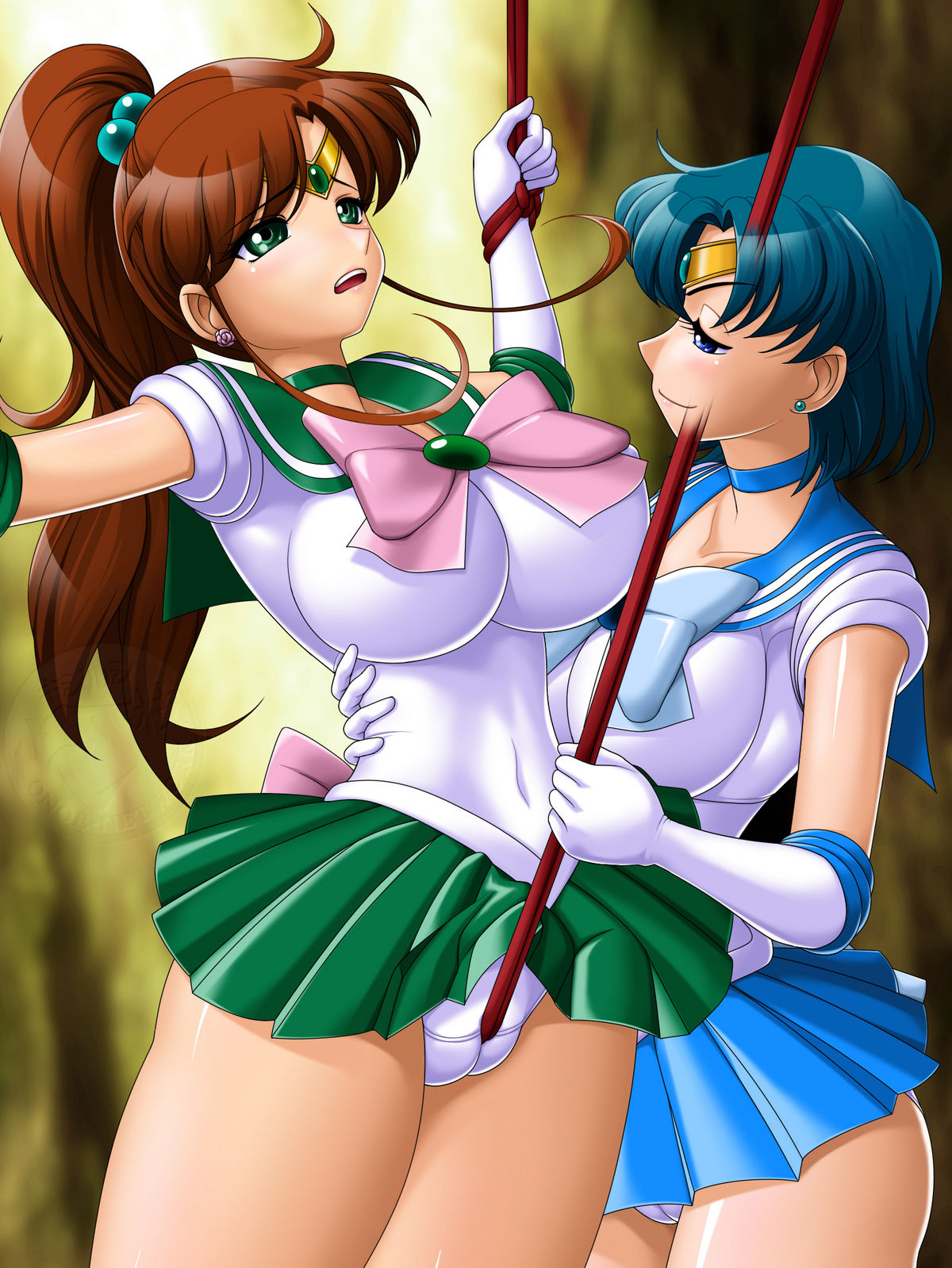 2girls ami_mizuno between_labia bishoujo_senshi_sailor_moon bondage bound breasts cameltoe clothing crotch_rope crotch_rub female female_only femsub fully_clothed highres huge_breasts human innie_pussy large_breasts makoto_kino miniskirt multiple_females multiple_girls nonude onoe panties panty_peek rope sailor_jupiter sailor_mercury skirt tight_clothes yuri