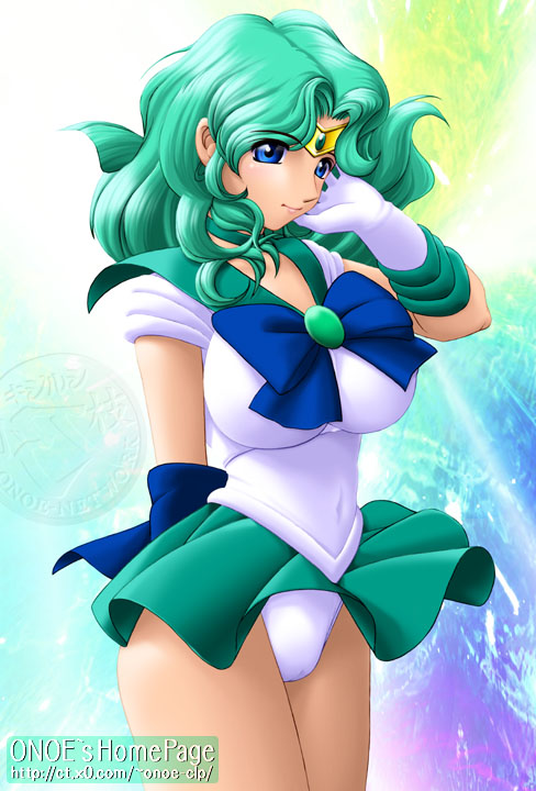 bishoujo_senshi_sailor_moon blue_eyes clothing female female_only gloves green_hair large_breasts long_hair michiru_kaiou onoe panties sailor_neptune school_uniform skirt solo tiara white_panties