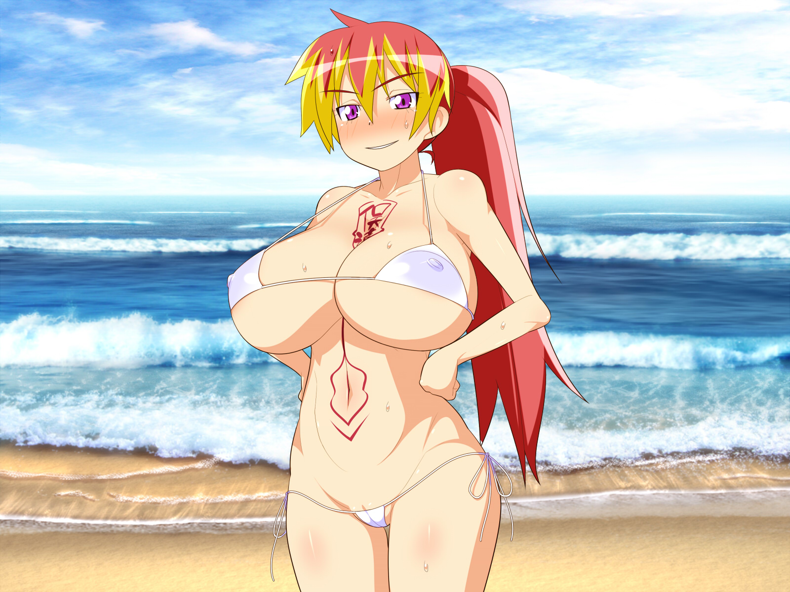 1girls, ao no exorcist, beach, big breasts, bikini, breasts, female, female only, huge breasts, kirigakure shura, makarou, pov, red hair, solo