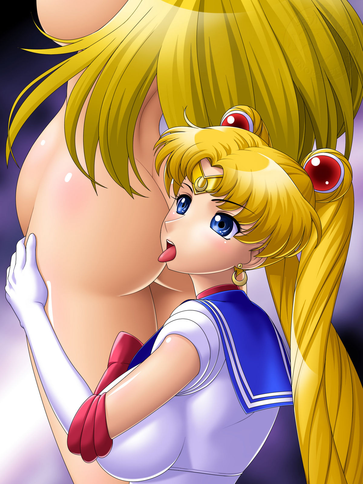 2girls bishoujo_senshi_sailor_moon blonde_hair blue_eyes clothing double_bun earrings female female_only gloves highres human inflation large_breasts long_hair minako_aino multiple_females multiple_girls nude onoe sailor_moon sailor_venus school_uniform tongue usagi_tsukino yuri