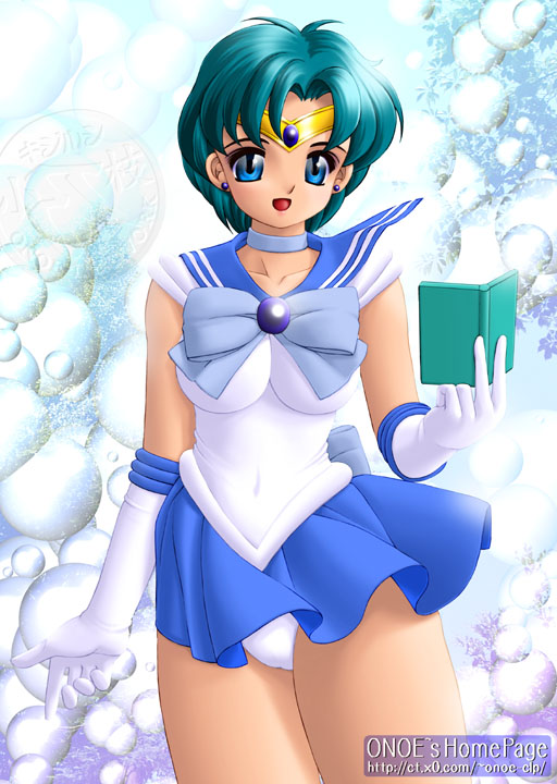 ami_mizuno bishoujo_senshi_sailor_moon blue_eyes blue_hair choker clothing earrings female female_only human looking_at_viewer onoe panties sailor_mercury short_hair skirt small_breasts solo tiara