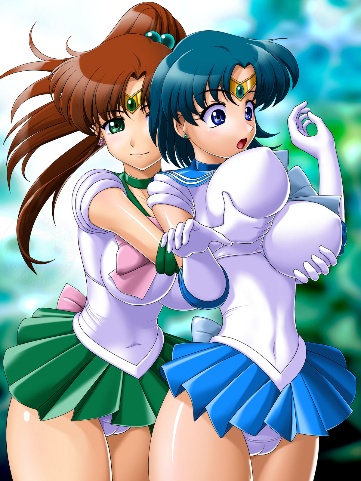 2girls ami_mizuno bishoujo_senshi_sailor_moon breast_grab clothing female female_only highres human large_breasts makoto_kino multiple_females multiple_girls nonude onoe panties sailor_jupiter sailor_mercury skirt yuri