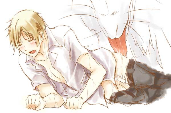 1boy zoophilia blonde_hair male natsume_yuujinchou open_mouth white_background zoophilia