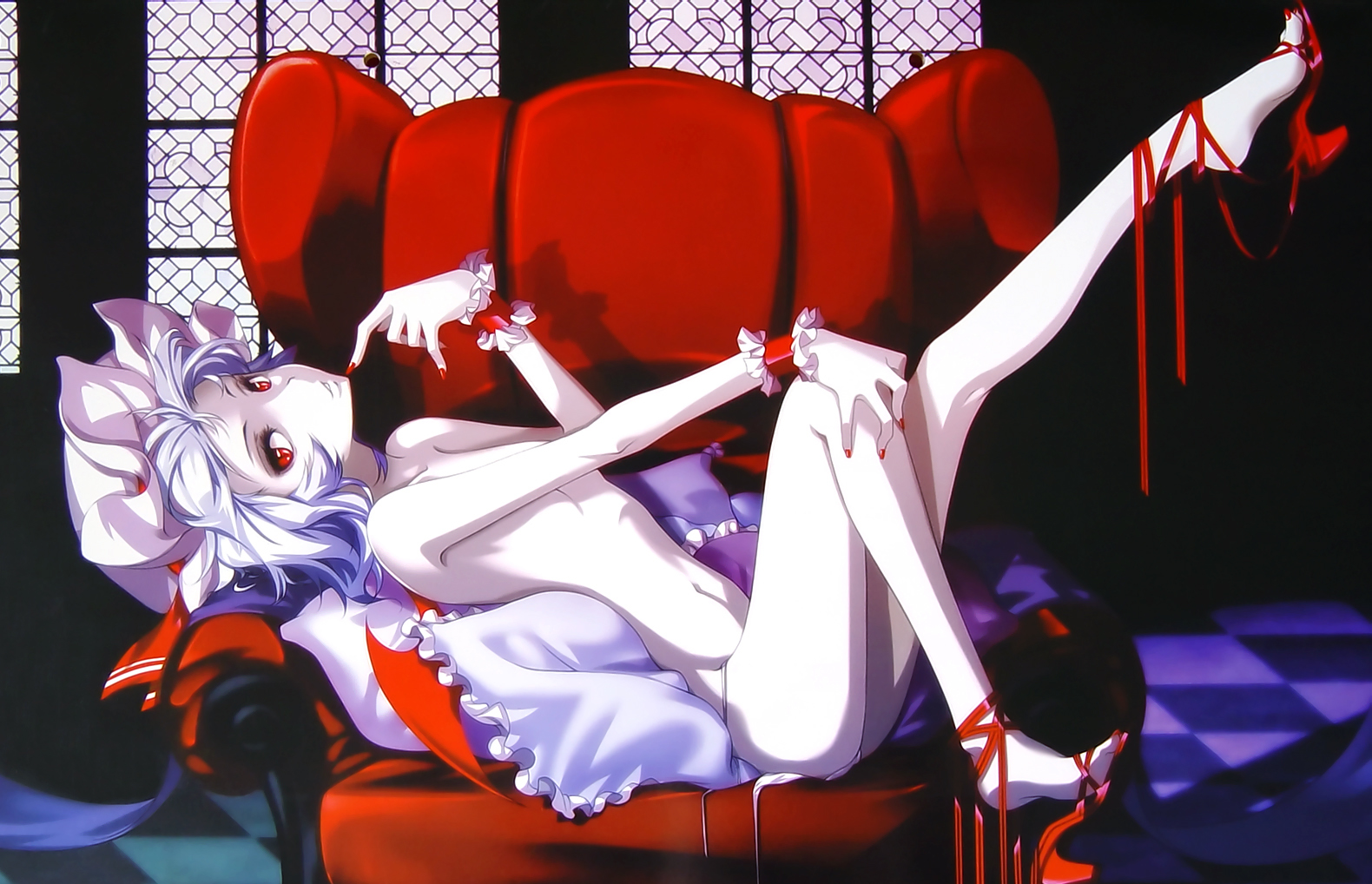 1girls, bat wings, blue hair, chair, feet, female, flat chest, hands, hat, high heels, hong (white spider), matching nails, nail polish, naked footwear, nude, pale skin, pillows, red eyes, remilia scarlet, ribbon, sandals, shiro spider, shoe dangle, shoes, short hair, solo, toenail polish, touhou, wings, wrist cuffs