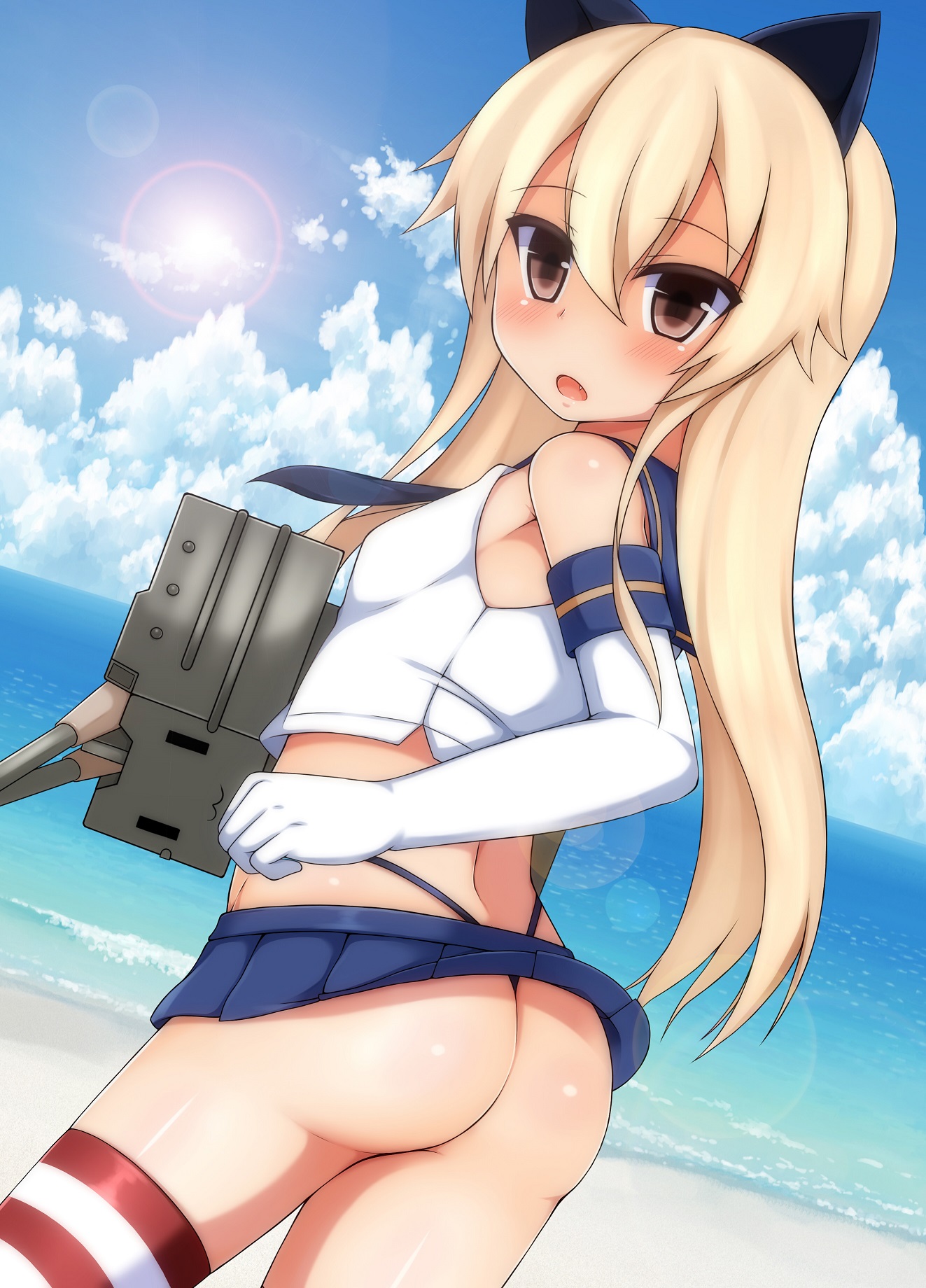 :3, 1girls, animal ears, ass, beach, blonde hair, blue skirt, blush, brown eyes, cat ears, dutch angle, elbow gloves, female, gloves, hair, high resolution, human, kantai collection, kemonomimi mode, long hair, looking at viewer, ocean, rensouhou-chan, shimakaze (kantai collection), skirt, solo, striped, striped legwear, thighhighs, thong, whale tail, white gloves, zack (haiuinndo)