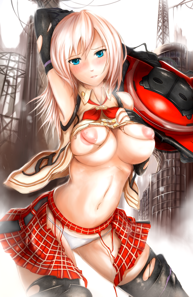 1girls alisa_ilinichina_amiella areolae arisa_iriinchina_amieera black_legwear blonde_hair blue_eyes boots breasts dress female female_only god_eater god_eater_2 inverted_nipples large_areolae large_breasts long_hair nipples nonoririn panties plaid plaid_dress pointy_chin skirt solo thigh_boots thighhighs torn_clothes underboob underwear