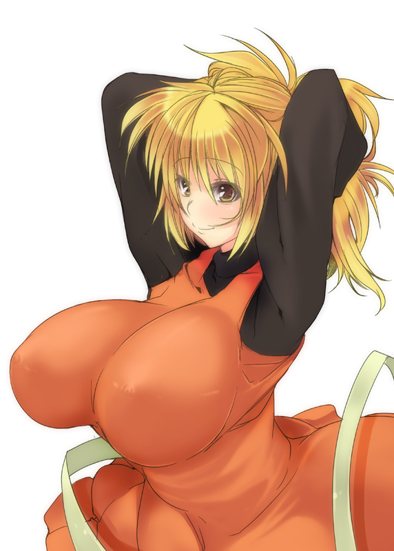 blonde_hair breasts curvy fully_clothed huge_breasts no_humans ponytail subterranean_animism team_shanghai_alice tied_hair toono_yayoi touhou white_background yamame_kurodani yellow_eyes youkai