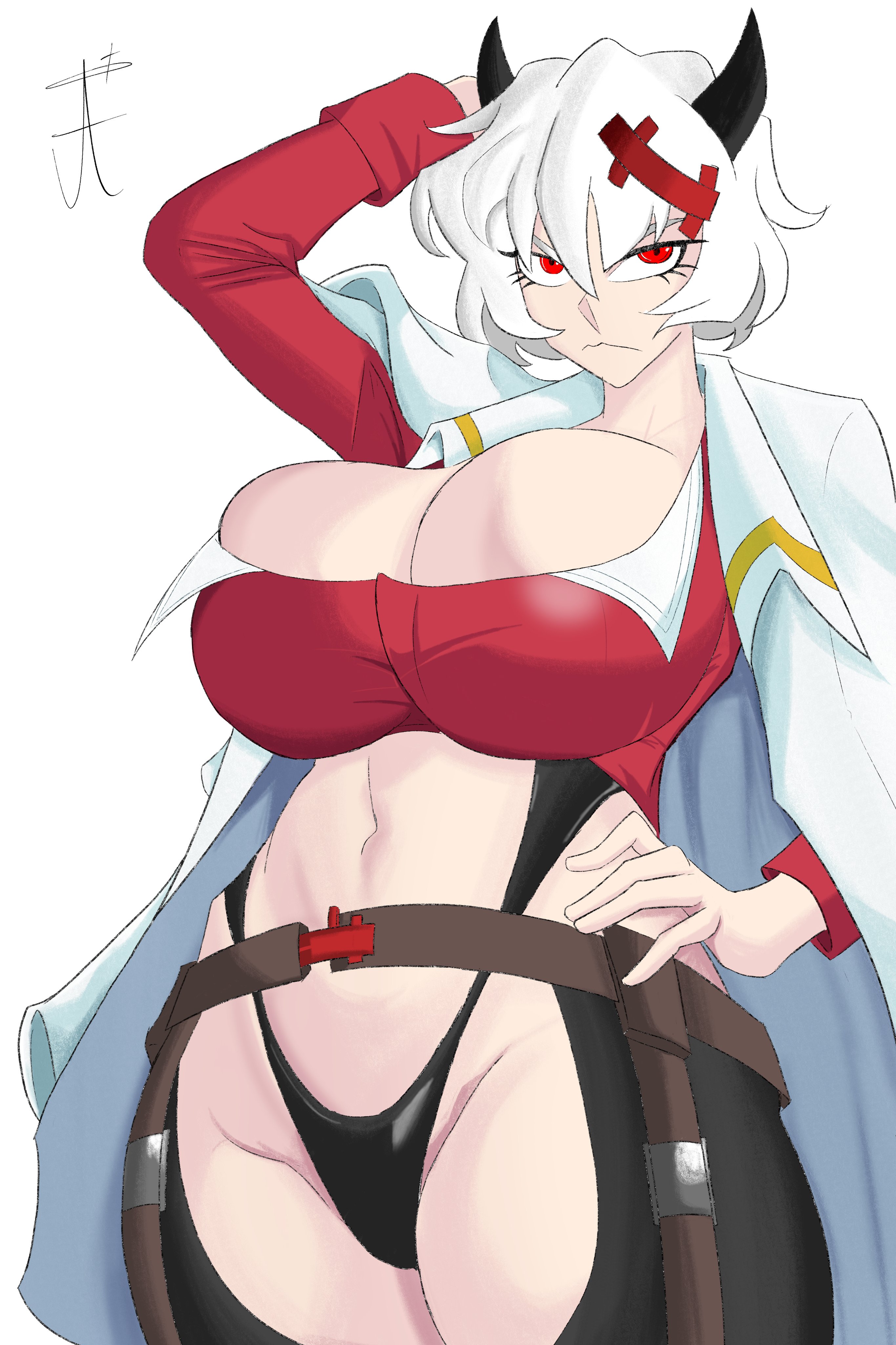 1girl, 2d, angelic (artist), belt, big breasts, black leotard, coat, coat on shoulders, color, demon horns, eyebrows, eyelashes, female focus, female only, goddess of victory: nikke, helltaker, horns, leotard, looking at viewer, malina (helltaker), nikke, not furry, red eyes, solo, solo focus, standing, stomach cutout, watermark, yulha, yulha (nikke)