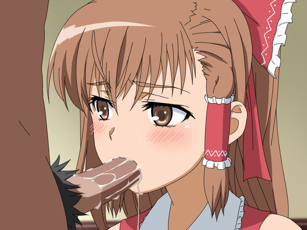 1boy 1girls brown_eyes brown_hair cosplay fellatio female hair_ribbon hair_tubes human male misaka_mikoto oral penis pubic_hair reimu_hakurei reimu_hakurei_(cosplay) ribbon saliva satou_rina shirosato straight to_aru_kagaku_no_railgun to_aru_majutsu_no_index touhou uncensored voice_actor_connection