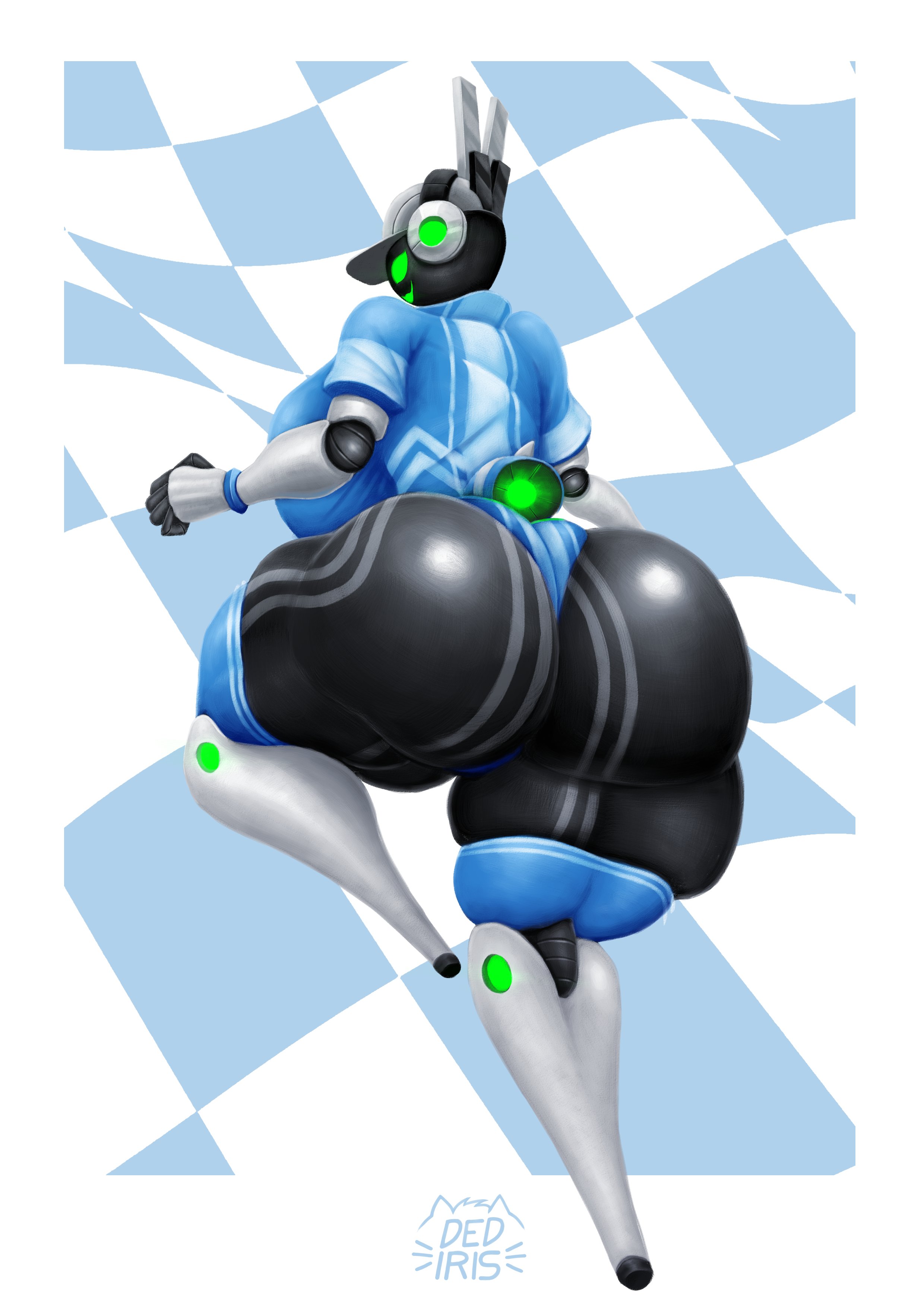 1girls, 2026, 2d, artist logo, artist signature, ass, ass bigger than head, back view, black body, borisfed, breasts bigger than head, cap, digital media (artwork), green eyes, huge ass, humanoid, lagomorph, lagomorph humanoid, looking at viewer, looking back, mechanical, non-human, project turboblast, rabbit ears, robot, robot girl, screen face, simple background, solid eyes, solo, solo female, tempo (project turboblast)