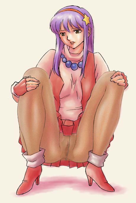 athena_asamiya boots brown_legwear female female_only fingerless_gloves gloves hairband high_heels human jewelry king_of_fighters king_of_fighters_97 necklace no_panties pantyhose purple_hair pussy red_eyes shoes simple_background small_image snk solo squatting uncensored uraharukon vest