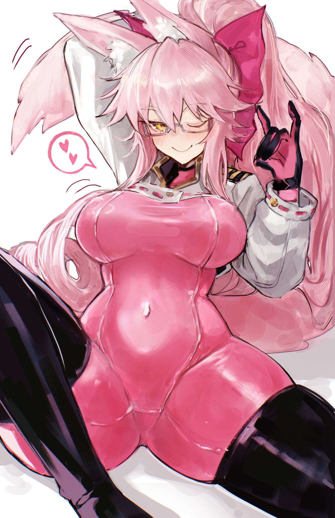 1girls, 2026, 2d, 2d (artwork), big breasts, boobs, breasts, clothed, clothing, color, colored, digital media (artwork), fate (series), fate/grand order, female, female only, fox ears, fully clothed, glasses, hair, heart, hi res, koyanskaya (assassin), koyanskaya (fate), light skin, light-skinned female, long hair, looking at viewer, one eye closed, pink hair, simple background, smile, solo, thick thighs, thighs, tits, white background, yellow eyes, yotsutsu428