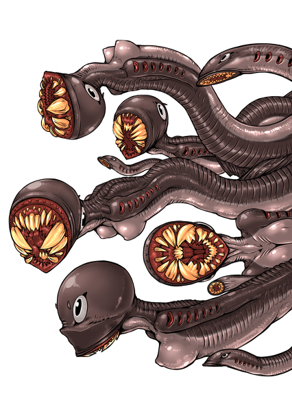 breasts grey_eyes lamprey monster monster_girl multiple_girls open_mouth sharp_teeth simple_background tagane tentacle