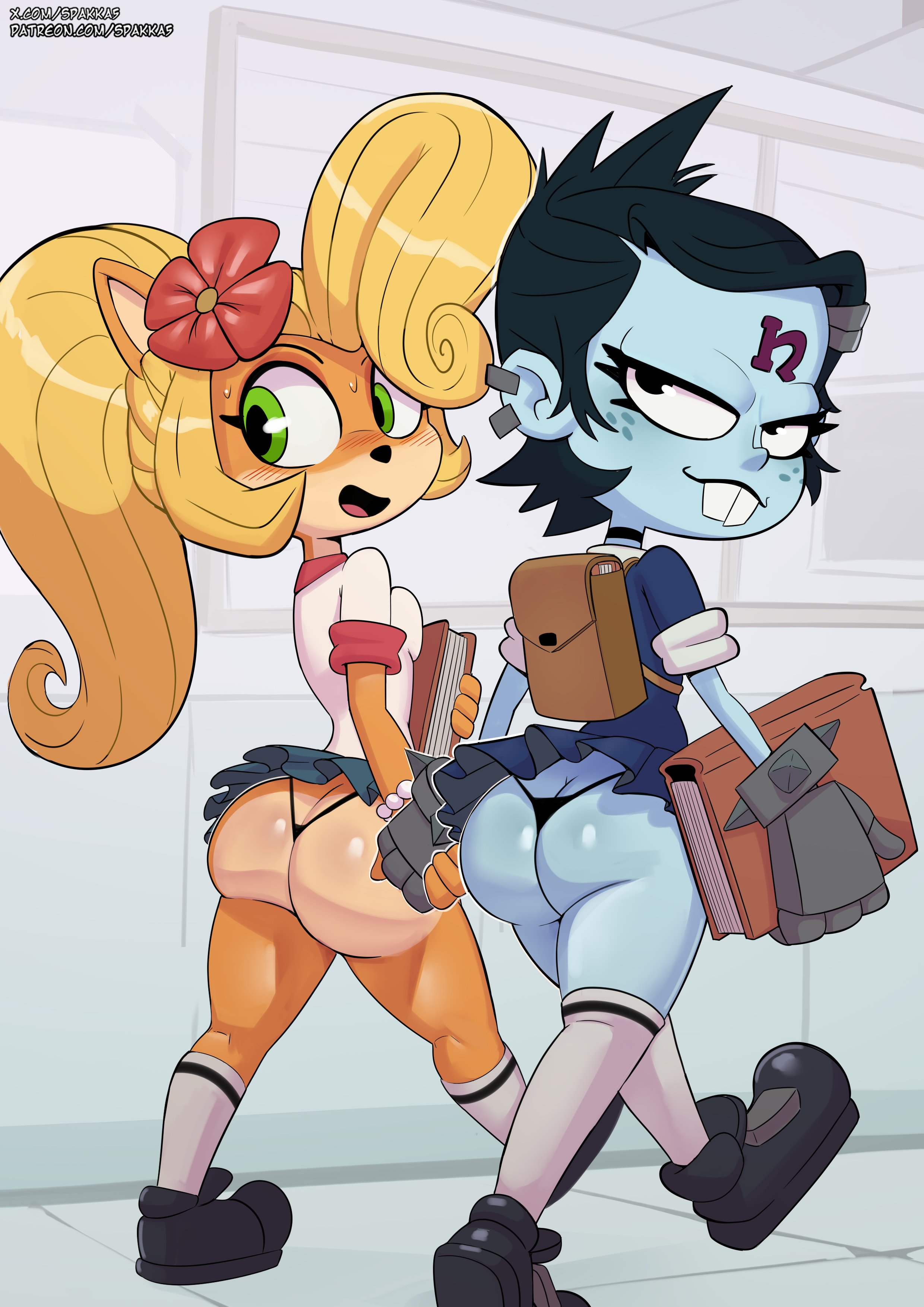 2026, 2026s, 2d, 2d (artwork), 2d artwork, 2female, 2girls, absurd res, absurdres, accessory, activision, anthro, anthro female, anthrofied, ass, ass cleavage, backpack, bandicoot, bandicoot girl, bandicoot humanoid, big ass, big butt, black clothing, black eyes, black hair, black panties, black thong, black underwear, blonde, blonde female, blonde hair, blonde hair female, blonde-haired female, blue body, blue skin, blush, bodily fluids, book, bottomwear, bracelet, breast press, breast squish, breasts, buck teeth, buckteeth, butt, butt cleavage, clothing, coco bandicoot, crash (series), crash bandicoot (series), crash team racing (series), crash twinsanity, digital art, digital drawing, digital drawing (artwork), digital media, digital media (artwork), digital painting, digital painting (artwork), duo, ear piercing, embarrassed, english, english text, female, female anthro, female focus, female only, female/female, flower, flower in hair, furry, furry female, green eyes, hair, hi res, holding, holding book, holding object, human, human female, jewelry, long socks, looking at viewer, looking back, looking back at viewer, mammal, marsupial, marsupial humanoid, medium breasts, microskirt, miniskirt, multiple girls, nina cortex, orange body, orange fur, panties, piercing, plant, ponytail, school, school uniform, schoolgirl, schoolgirl uniform, shoes, short hair, skirt, smile, smiling, smiling at viewer, socks, spakka5, squish, sweat, sweatdrop, tailess, teeth, text, thong, underwear, url, video games, walking