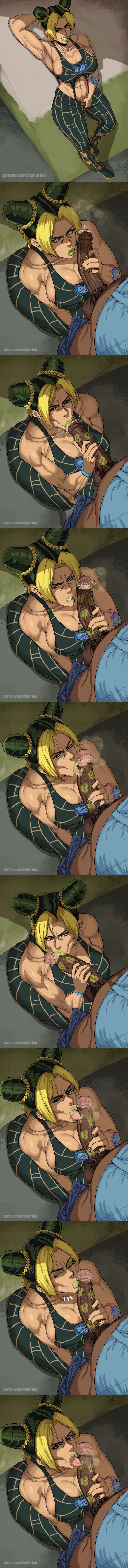 big ass, big balls, big breasts, big penis, blowjob, cleaning cock, cum, cum in mouth, cum on face, cyberboi, dark-skinned male, deep throat, forced, jojo's bizarre adventure, jolyne kujo, sloppy, sloppy blowjob, sloppy deepthroat, smegma, tongue out, veiny penis
