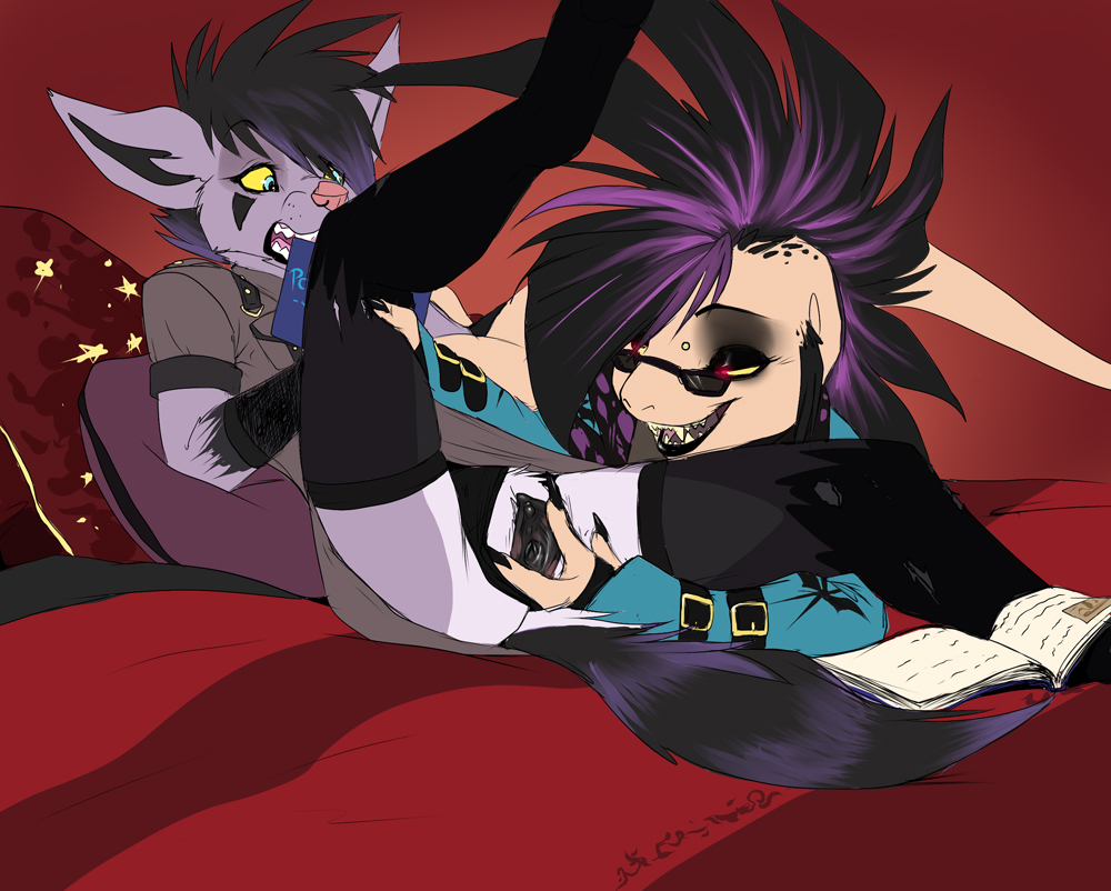 aardy anthro black_hair blue_eyes clitoris clothing eyeswear female glasses hair hyena mightyena mohawk narcisa pink_eyes pink_nose pokemon pokemorph purple_hair pussy scalie sciigglescrafty scrafty shy spreading two_tone_hair undead uniform vampire yellow_eyes yuri