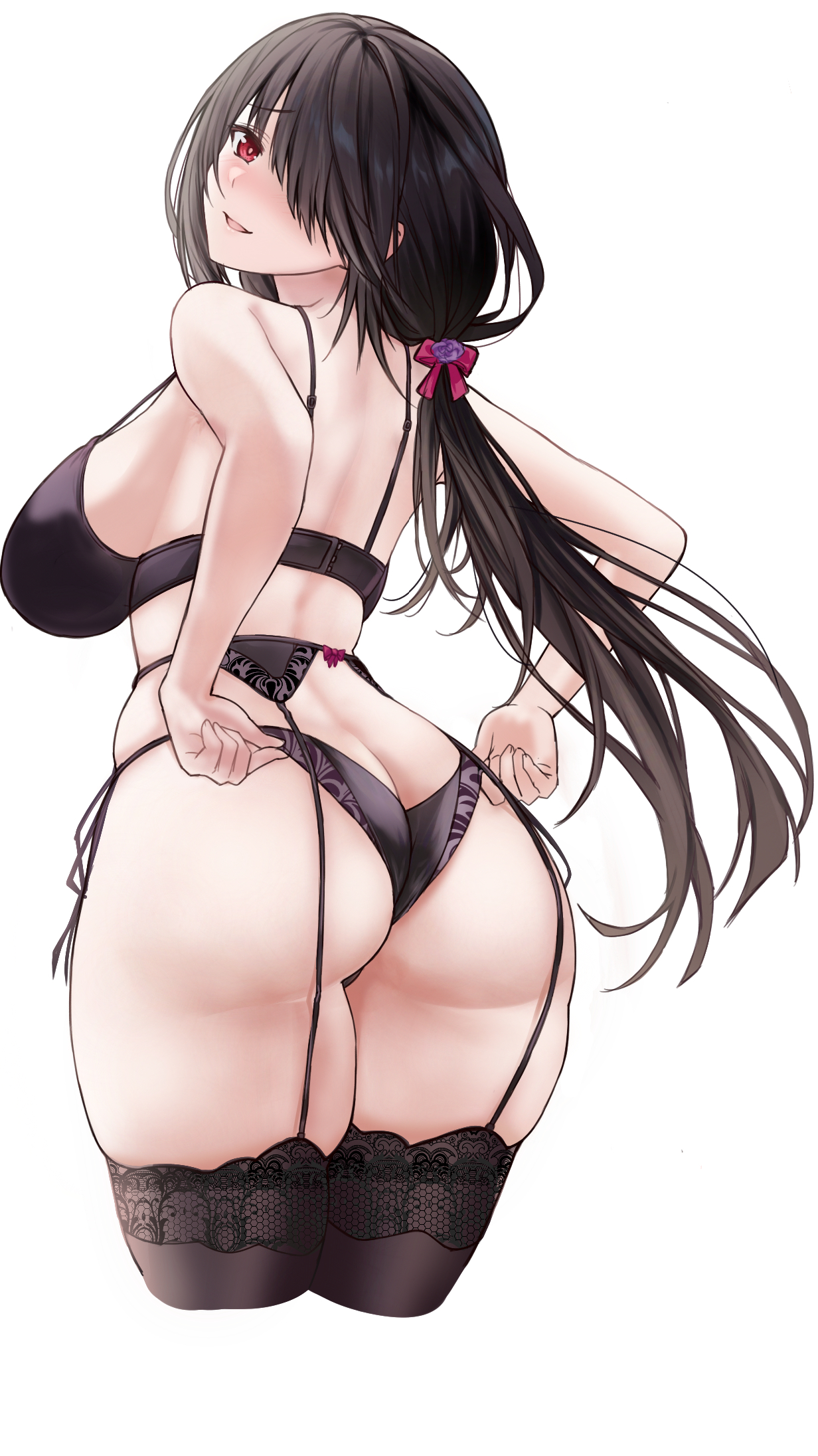 1girl, black bra, black garter belt, black hair, black panties, black thighhighs, bra, breasts, commentary request, date a live, garter belt, highres, lace, lace trim, lace-trimmed thighhighs, large breasts, long hair, looking at viewer, looking back, panties, parted lips, red eyes, saint laurent paris, simple background, smile, solo, thighhighs, tokisaki kurumi, underwear, underwear only, white background