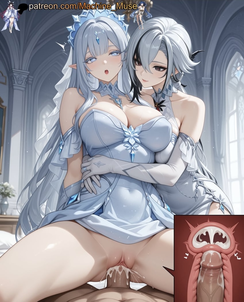 2girls ai_generated arlecchino_(genshin_impact) big_breasts big_penis columbina_(genshin_impact) genshin_impact inside_view pussy sex tsaritsa_(genshin_impact)