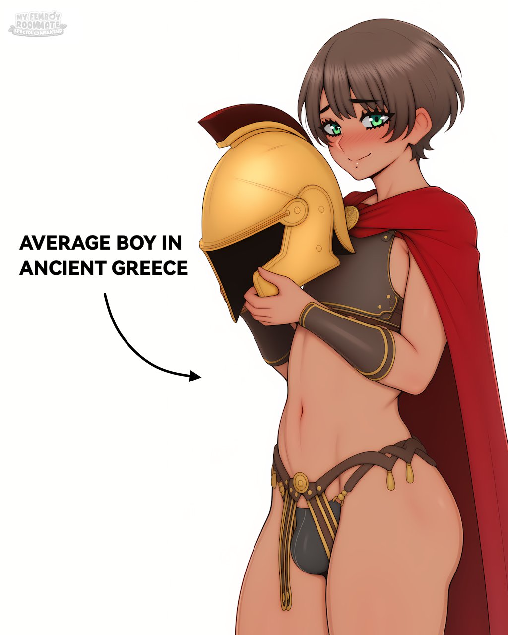 ai generated, big ass, big penis, blush, brown hair, bulk, dark skin, dark-skinned femboy, dark-skinned male, dark-skinned sissy, demi, demi (my femboy roommate: special weekend), femboy, greek clothes, greek male, greek mythology, green eyes, hips, my femboy roommate: special weekend, nuteku, sexy, sexy body, sexy pose, short hair, sissy