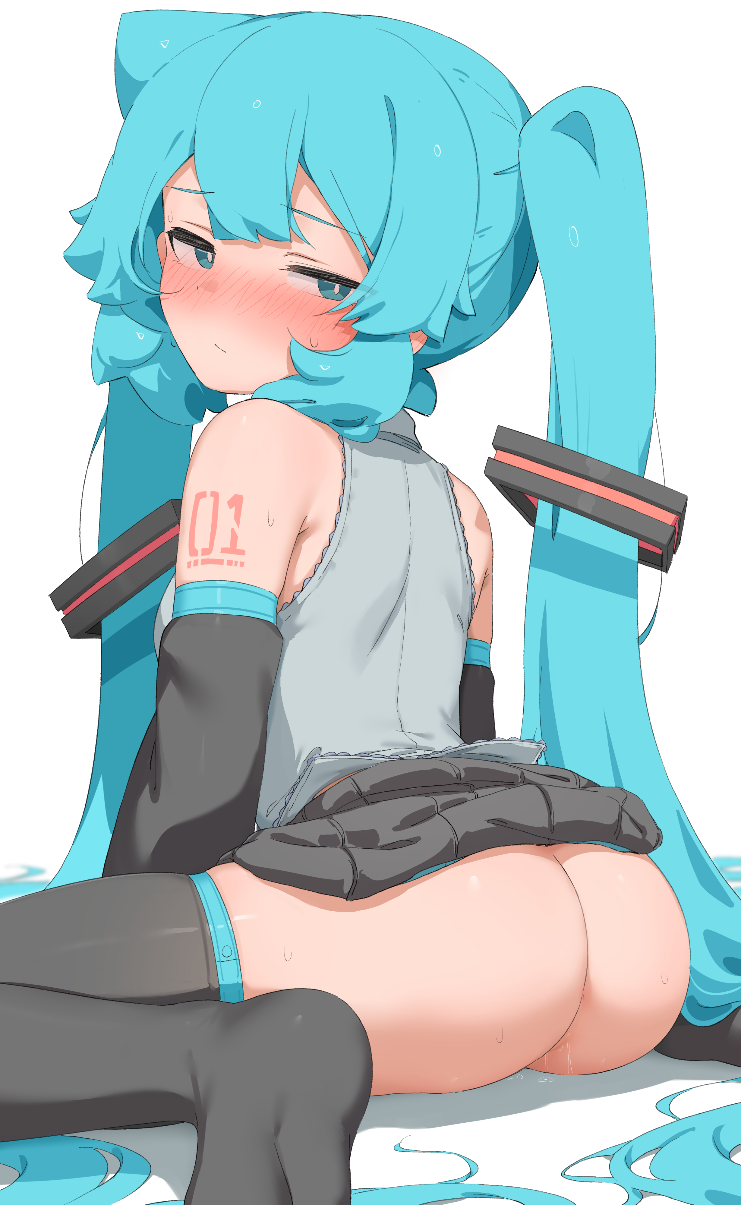 1girls, abmayo, ass, blue eyes, blush, female, hatsune miku, looking at viewer, thighhighs, twintails, vocaloid