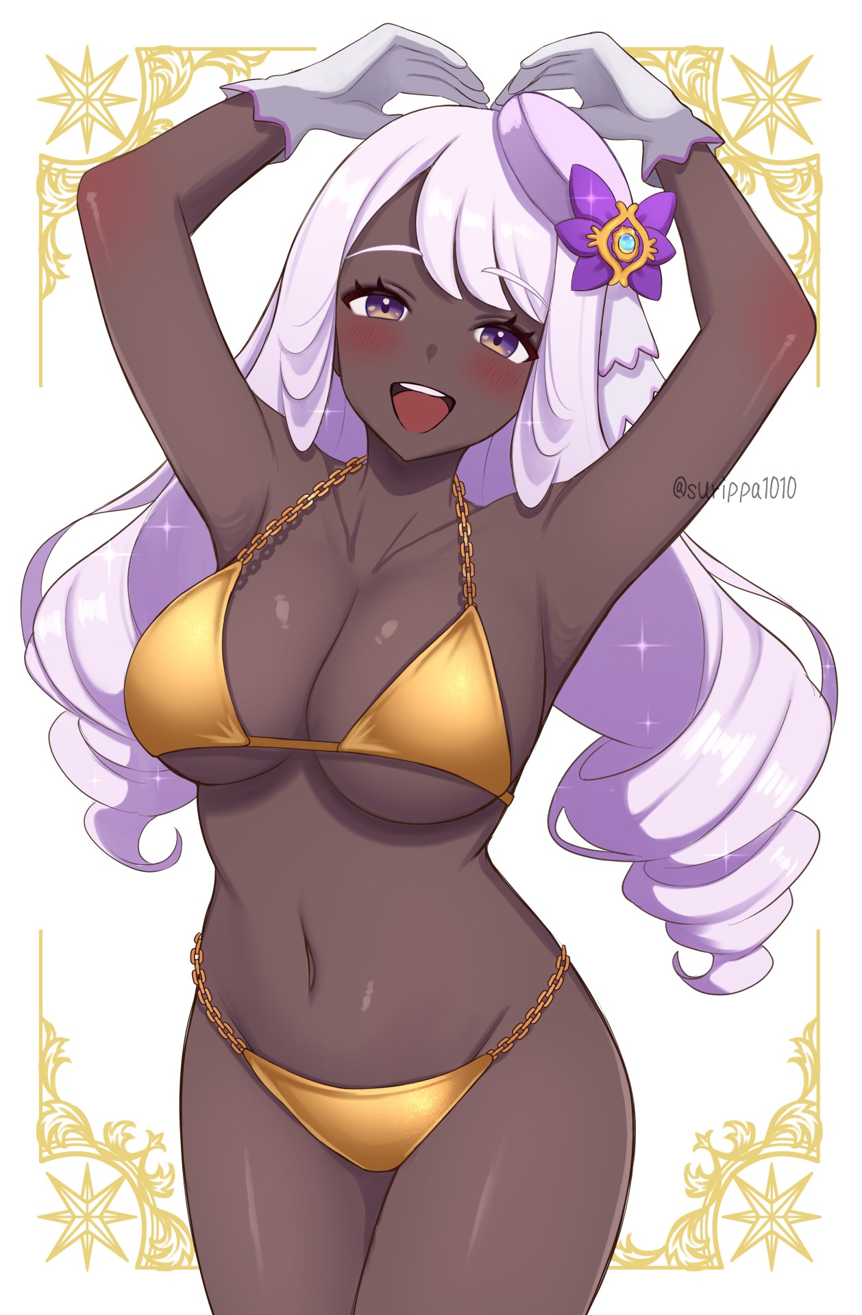 :d, 1girls, alternate breast size (larger), armpits, arms up, bare shoulders, big breasts, bikini, blush, breasts, chain, chain bikini, collarbone, commentary request, dark skin, dark-skinned female, game freak, gloves, gold bikini, gold swimsuit, gold swimwear, golden bikini, golden swimsuit, golden swimwear, golden week, hat, heart arms, highres, jacinthe (pokemon), large breasts, long hair, looking at viewer, mega stone, mini hat, navel, nintendo, open mouth, pokemon, pokemon legends z-a, pokemon legends: z-a, purple eyes, purple hair, smile, solo, stomach, surippa1010, swimsuit, teeth, triangle bikini top, upper teeth only, very dark skin, very long hair, white gloves, yukari (pokemon)