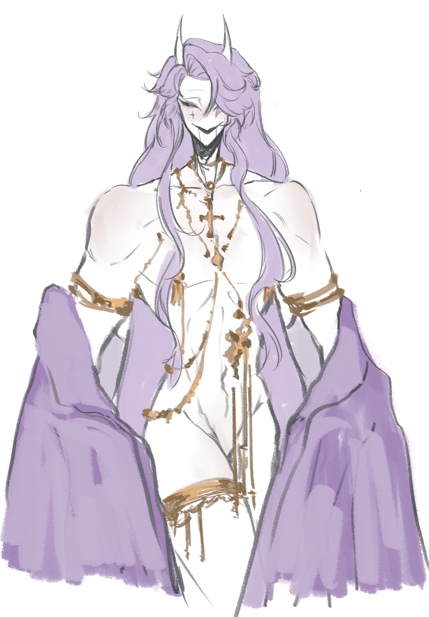 blush, blushing at viewer, blushing male, garter belt, garter straps, garters, gold jewelry, horns, jester (the freak circus), jewelry, long hair, looking at another, looking at viewer, looking pleasured, nude male, pale-skinned male, partially clothed, partially clothed male, partially undressed, purple clothing, purple eyes, purple hair, solo, solo focus, solo male, the freak circus