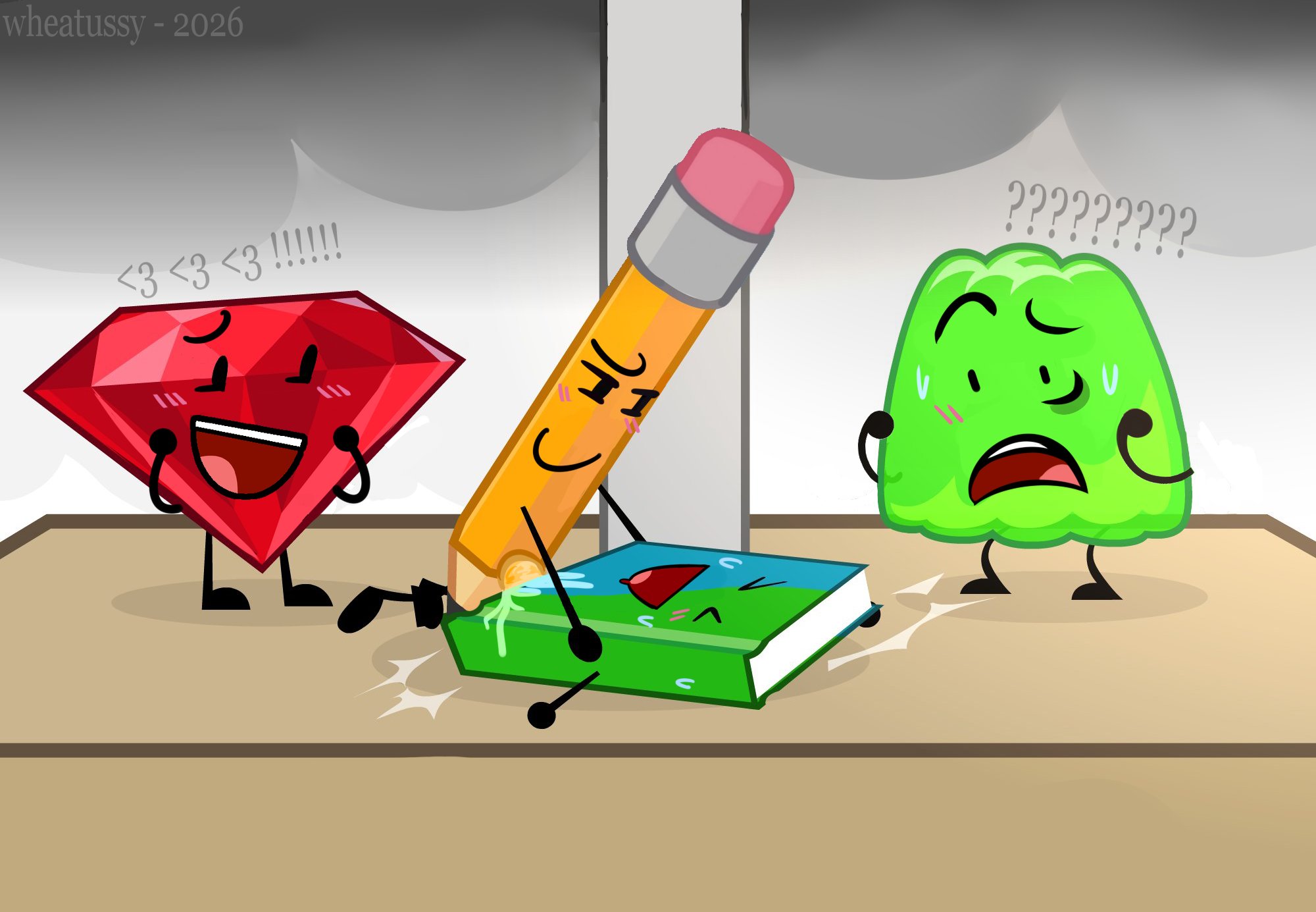 1boy, 1dickgirl, 3girls, accurate art style, animate inanimate, battle for dream island, battle for dream island again, bfb, bfdi, bfdia, book, book (bfdi), cum, dickgirl, dickgirl/female, edit, edited, edited official artwork, gelatin (bfdi), inanimate object, looking pleasured, object, object shows, pencil, pencil (bfdi), penetration, pinned down, ruby (bfdi), ruby (gem), tentacle penis, wheatussy