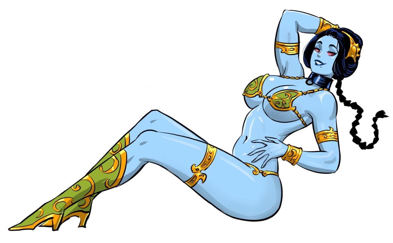 alien girl, belly dancer, belly dancer outfit, black hair, blue skin, braided hair, chiss, cleavage, femsub, flick, harem girl, harem outfit, high heel boots, large breasts, long hair, original character, red eyes, slave, slave bikini, slave collar, slave girl, slave leia (cosplay), slave outfit, star wars, submissive female
