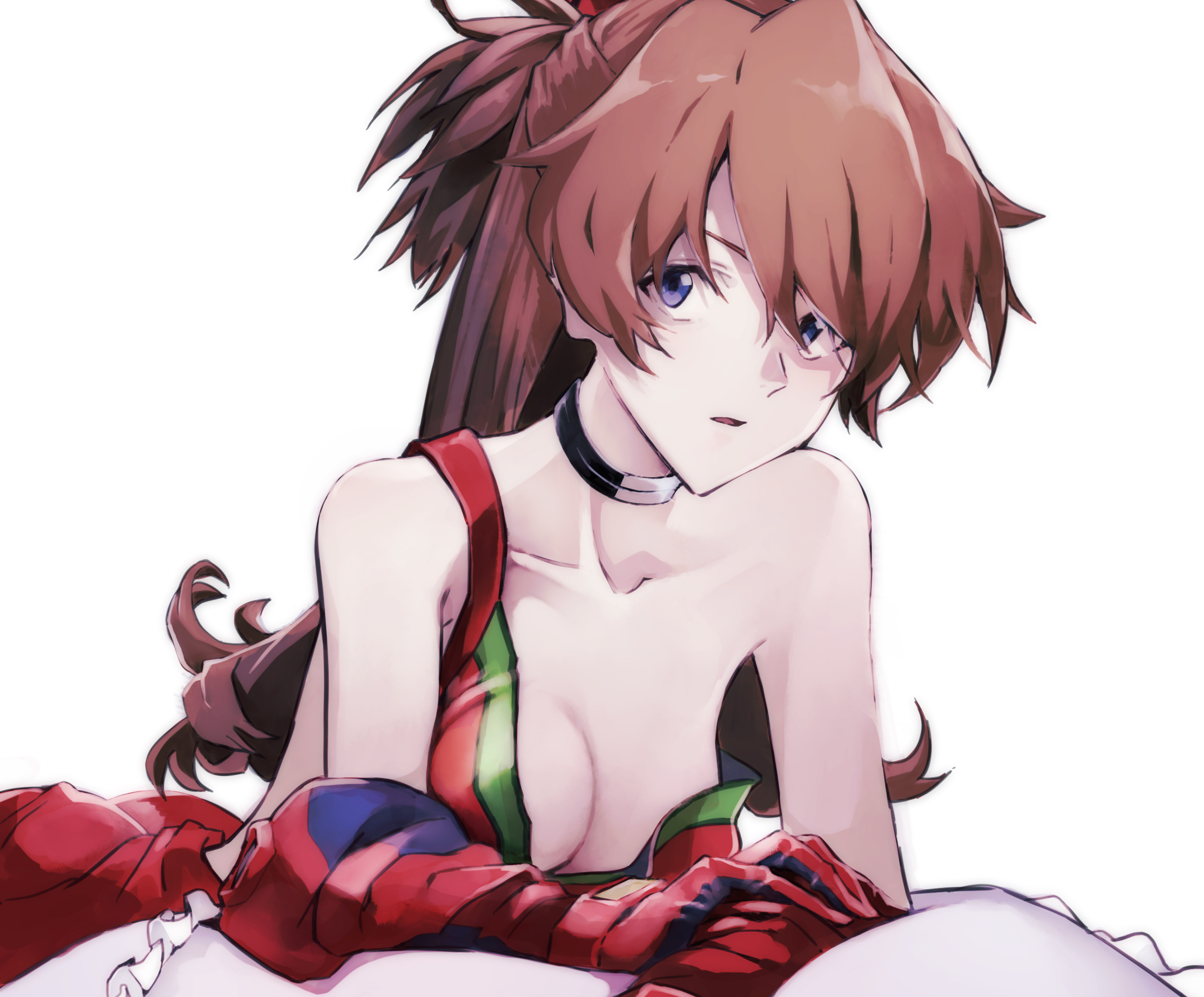 1girls, arm support, ass, asuka langley sohryu, bodysuit, bodysuit pull, breasts, brown hair, choker, cleavage, collarbone, evangelion: 3.0+1.0 thrice upon a time, highres, interface headset (evangelion), looking at viewer, lying, mecha pilot suit, neon genesis evangelion, on stomach, plugsuit, plugsuit (evangelion), rebuild of evangelion, red bodysuit, small breasts, solo, souryuu asuka langley, white background, yagisawa teru