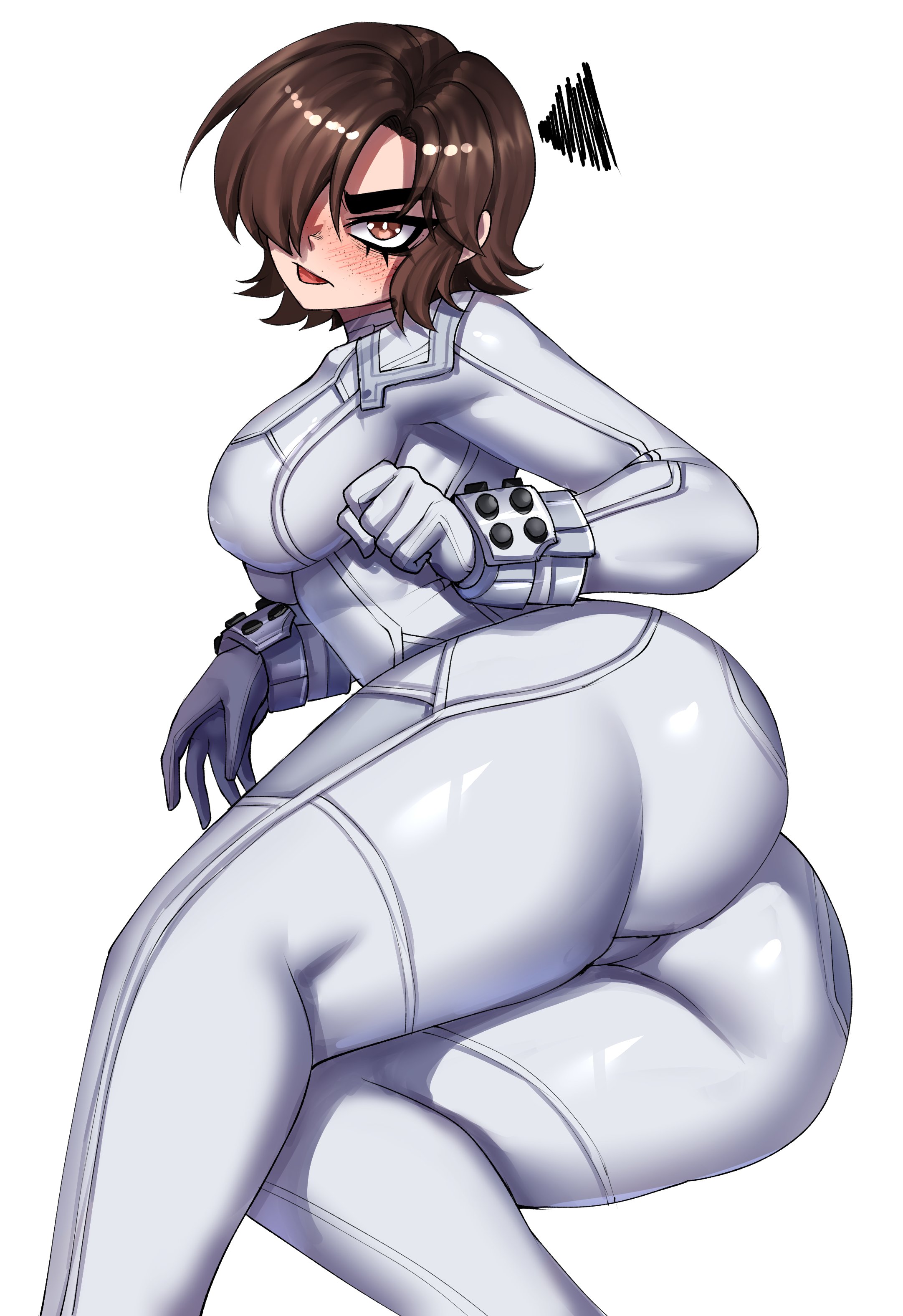 1girls, 2d, angry, ass, blush, breasts, brown hair, evie (stellar blade), freckles, huge ass, laying on side, rageman709, shift up, stellar blade, tomboy, white bodysuit