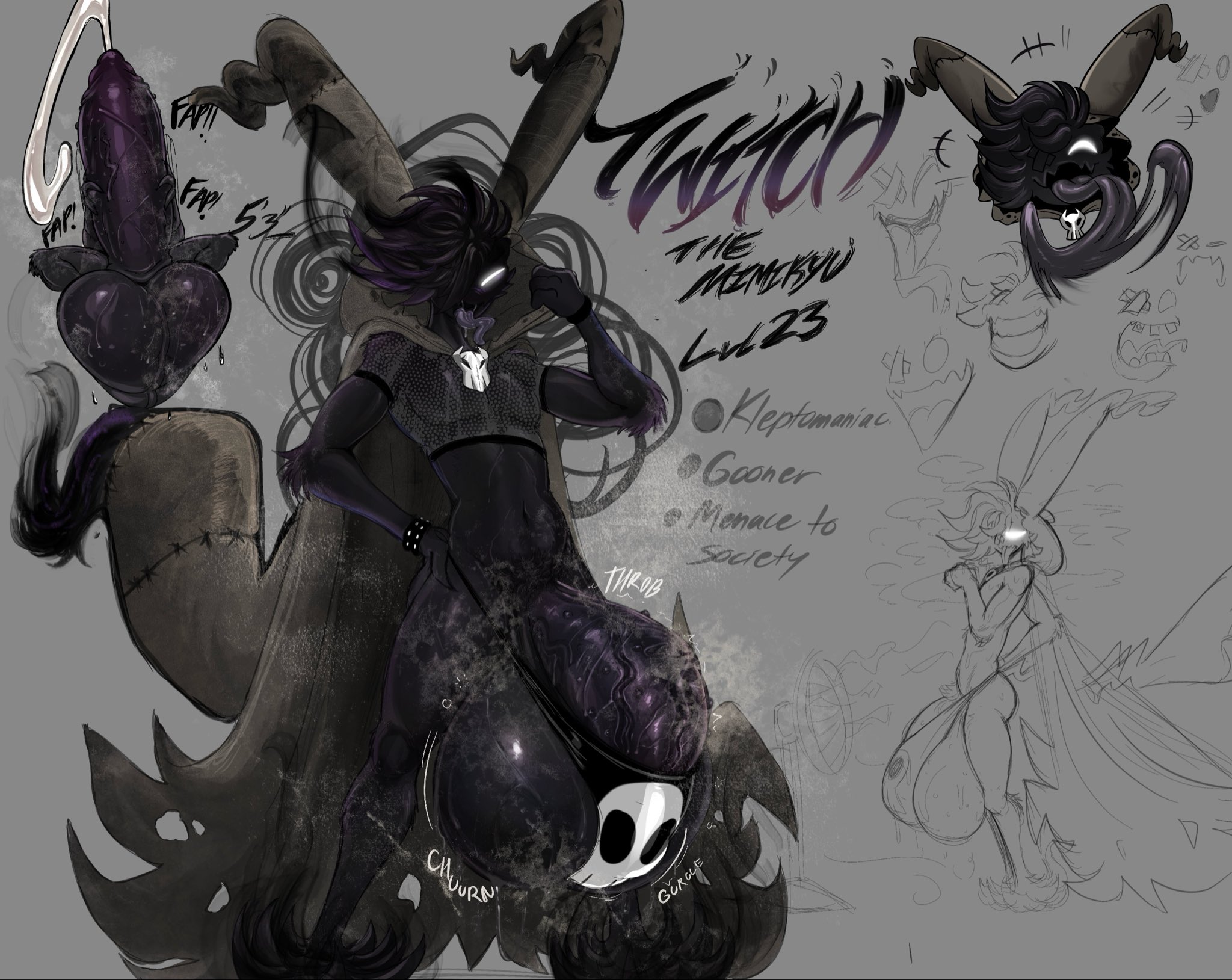 1boy, 1male, anthro, anthro male, balls, big balls, big penis, black body, black hair, black hair male, black penis, bracelet, bursting clothes, cape, cape only, cartoon style, cloak, cloak only, crop top, cum, cum string, cumming, english, english description, english text, face close up, face close-up, face closeup, fap (sound effect), fishnet, fishnet clothing, fishnet crop top, fishnet topwear, flaccid, flaccid penis, game freak, generation 7 pokemon, hard cock, hard on, hard penis, hidden eye, hood, hooded cloak, long hair, long hair male, long tongue, male, male anthro, massive balls, massive penis, masturbation, mimikyu, musk, musk cloud, musk clouds, musky, musky balls, musky cock, nintendo, oc, onomatopoeia, original character, panties, panties only, patchwork clothes, penis, penis bigger than torso, penis in panties, penis out, pimple dick, pimples, pink hair, pink hair male, pokemon, pokemon (species), pokemon sm, purple penis, purple tongue, reference sheet, schmuck, schmuckless, shining eyes, shiny eyes, side view, sketch, skull ornament, skull print, skull print panties, small but hung, small clothes, smile, smiling, solo, solo anthro, solo male, sticking out tongue, sticking tongue out, sweat, sweaty, sweaty balls, the pokemon company, three-quarter view, twitch (schmuckless), white eyes