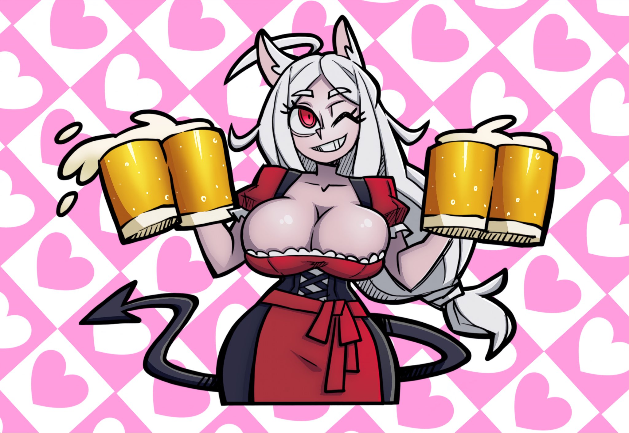 1girls, 2026, alcohol, animal ears, animal humanoid, barely contained, beer mug, beverage, big breasts, black clothing, breasts, busty, canid, canid demon, canine, canine humanoid, cerberus (helltaker), cleavage, clothed, clothed female, clothing, collaboration, cowboy shot, curvaceous, curvy, dog ears, dog girl, dog humanoid, evoltodraw, female, front view, fully clothed, grey body, grey skin, grin, hair, heart background, helltaker, hi res, holding mug, hourglass figure, humanoid, kemonomimi, large breasts, long hair, looking up, mammal, mammal humanoid, mug, one eye closed, parallaxfused, parted bangs, pink background, red clothing, red eyes, smile, smiling, smirk, solo, spade tail, standing, tail, teeth, thick thighs, uniform, waitress, white hair, wide hips, wink