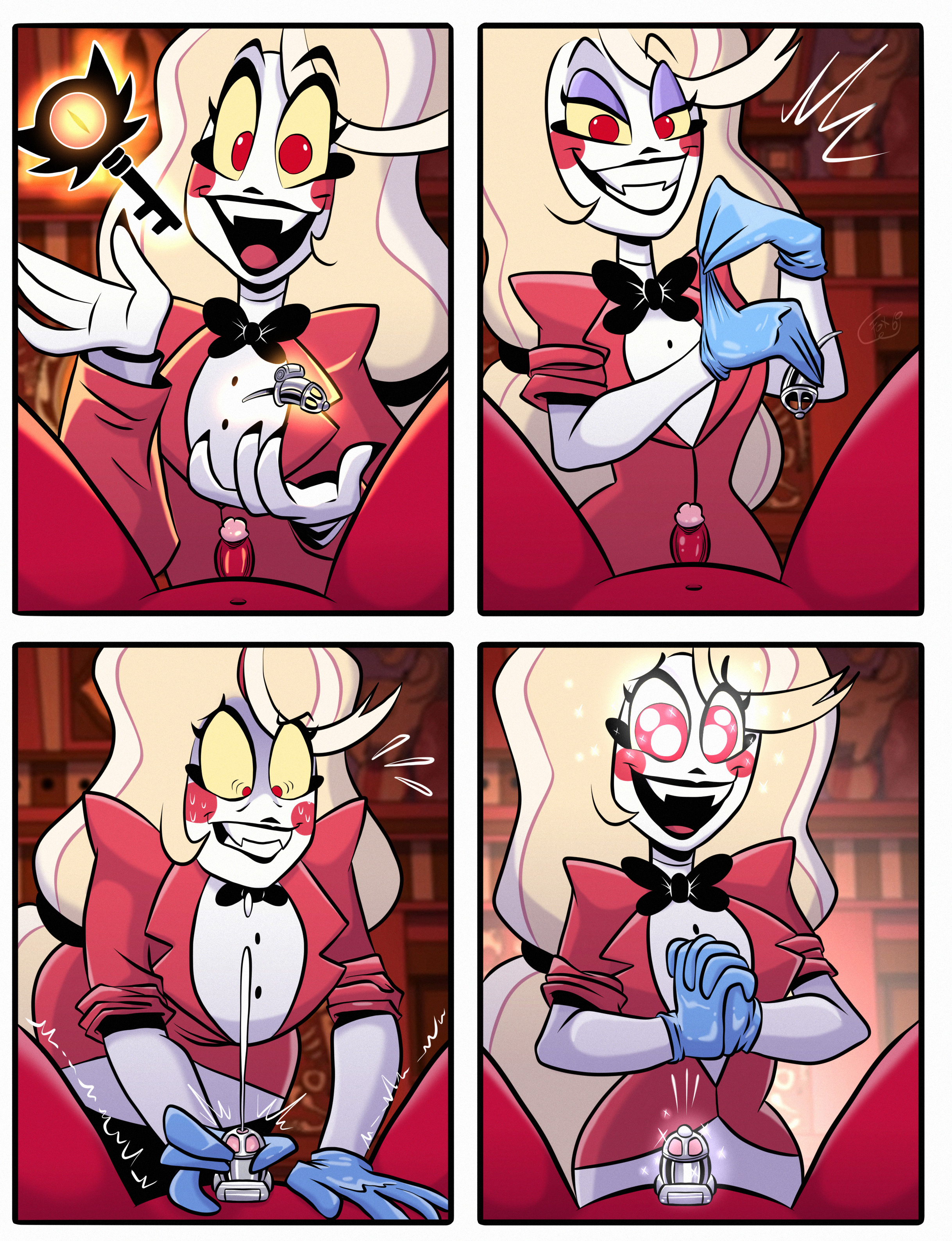 1boy, 1girls, accidental circumstance, adorable, blonde hair, bow tie, caged, charlie morningstar (hazbin hotel), chastity cage, chastity device, cum, cumshot, demon, elfox691, femdom, first person view, gloves, happy, hazbin hotel, key, magic, partial male, premature ejaculation, red eyes, rolled up sleeves, small penis, smile, surprised, surprised expression, unexpected, unexpected cumshot, unwanted cumshot, white skin
