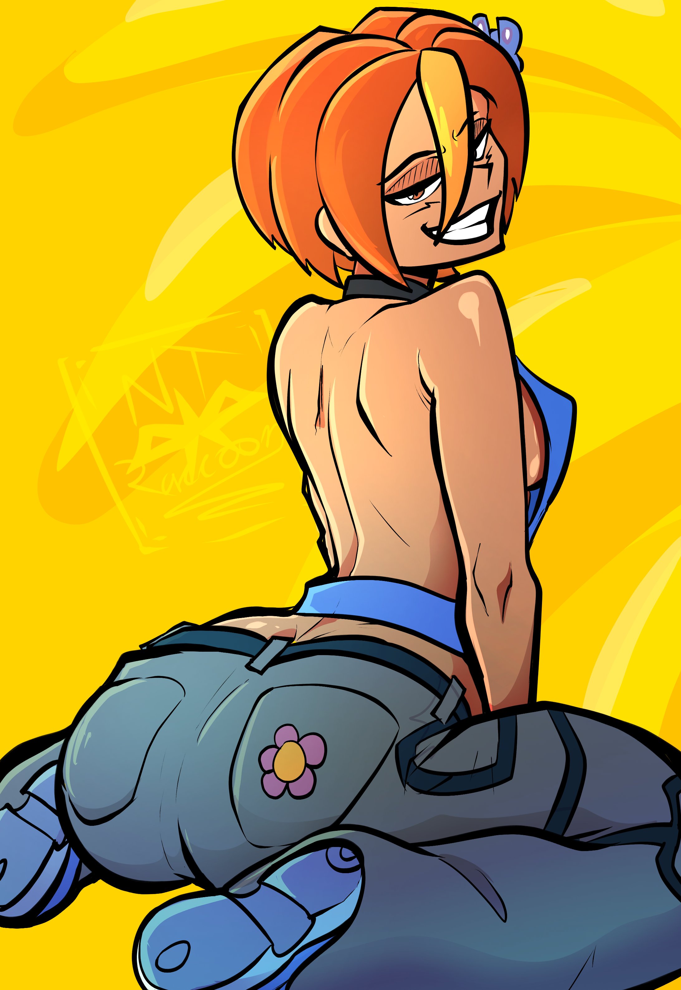 1girl, absurdres, artist name, artist request, ass, backless outfit, backless shirt, blonde hair, breasts, brown eyes, butterfly (planetronika), butterfly hair ornament, commentary, crop top, denim, dimples of venus, flower, grin, hair ornament, halter shirt, halterneck, highres, jeans, looking at viewer, looking back, medium breasts, multicolored hair, orange hair, pants, planetronika, shoes, short hair, sideboob, sitting, smile, sneakers, solo, wariza