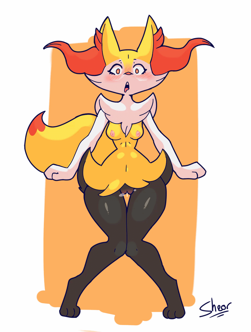2026, animated, anthro, blush, bodily fluids, braixen, breasts, canid, canine, female, female anthro, fur, generation 6 pokemon, genital fluids, genitals, humanoid, inner ear fluff, looking pleasured, mammal, nintendo, nipples, pink nipples, pokemon, pokemon (species), sheor, small breasts, solo, tail, tail motion, tailwag, teeth, tongue, tuft, vaginal fluids, vulva, wet, yellow body, yellow fur