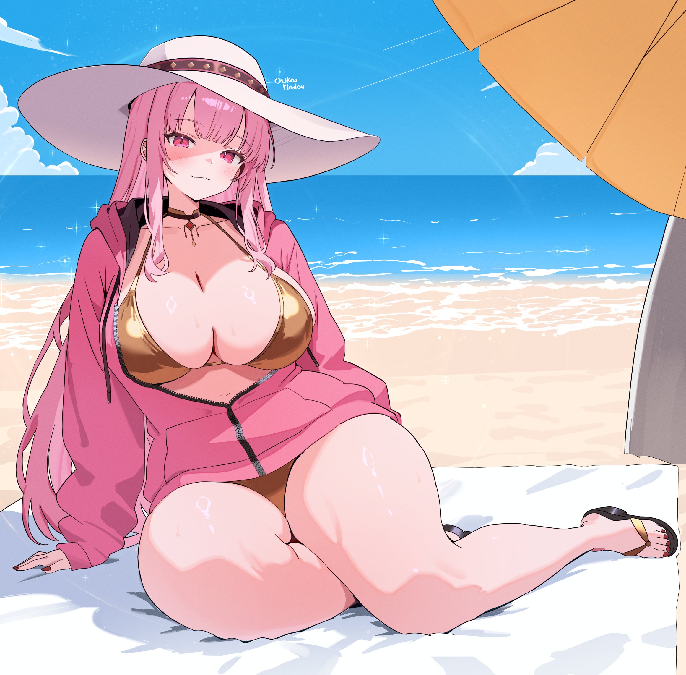 1girl, beach, bikini, blue sky, blush, breasts, cleavage, closed mouth, cloud, cloudy sky, collarbone, commentary, day, highres, hololive, hololive english, hood, hoodie, huge breasts, long hair, long sleeves, looking at viewer, mori calliope, o-rindou5100, ocean, outdoors, pink eyes, pink hair, pink hoodie, sand, sky, smile, solo, swimsuit, thighs, virtual youtuber, yellow bikini