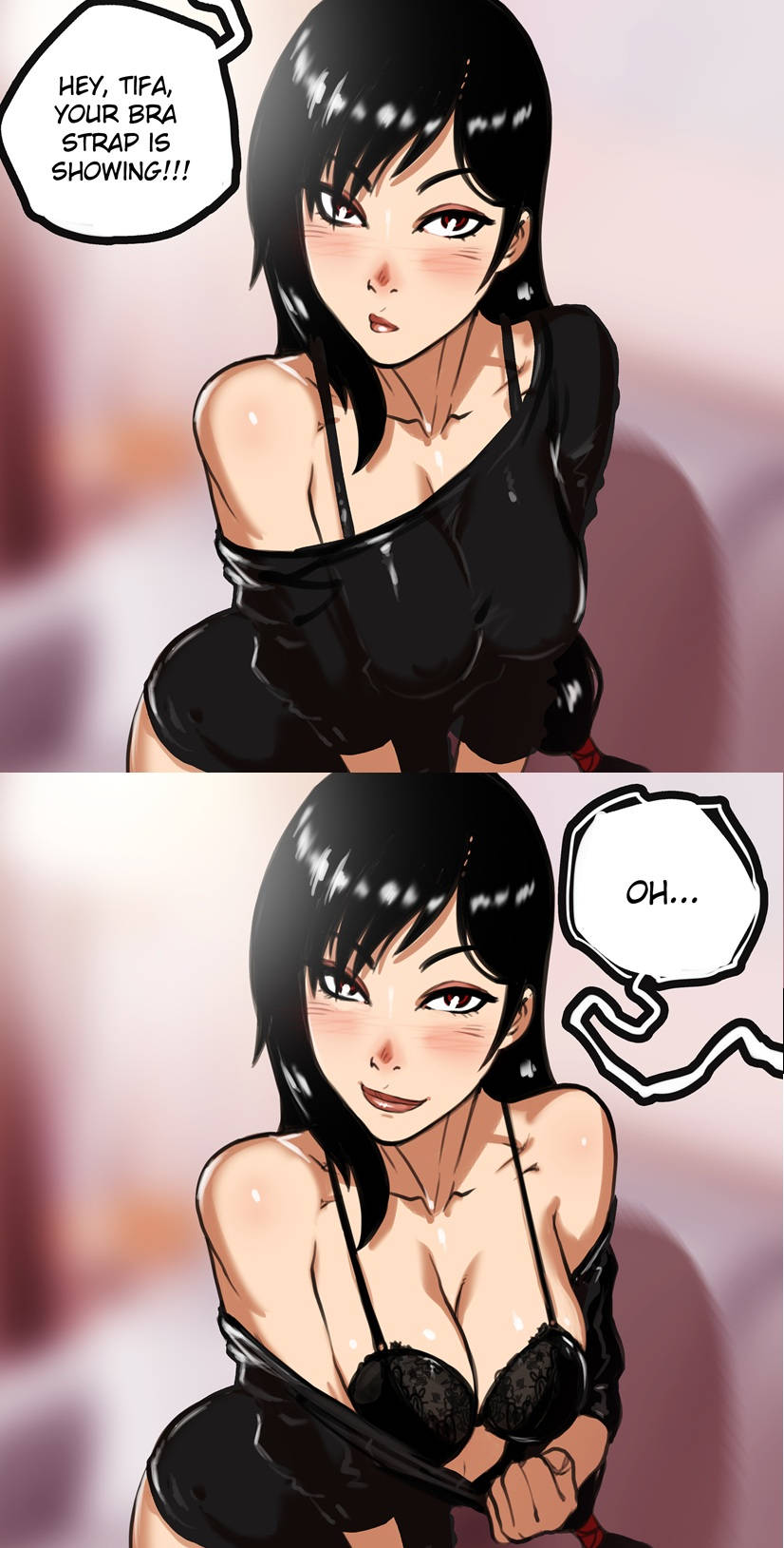 1girls, before and after, black hair, blush, bra strap is showing (meme), final fantasy, final fantasy vii, ganassa, long hair, meme, red eyes, speech bubble, square enix, tifa lockhart