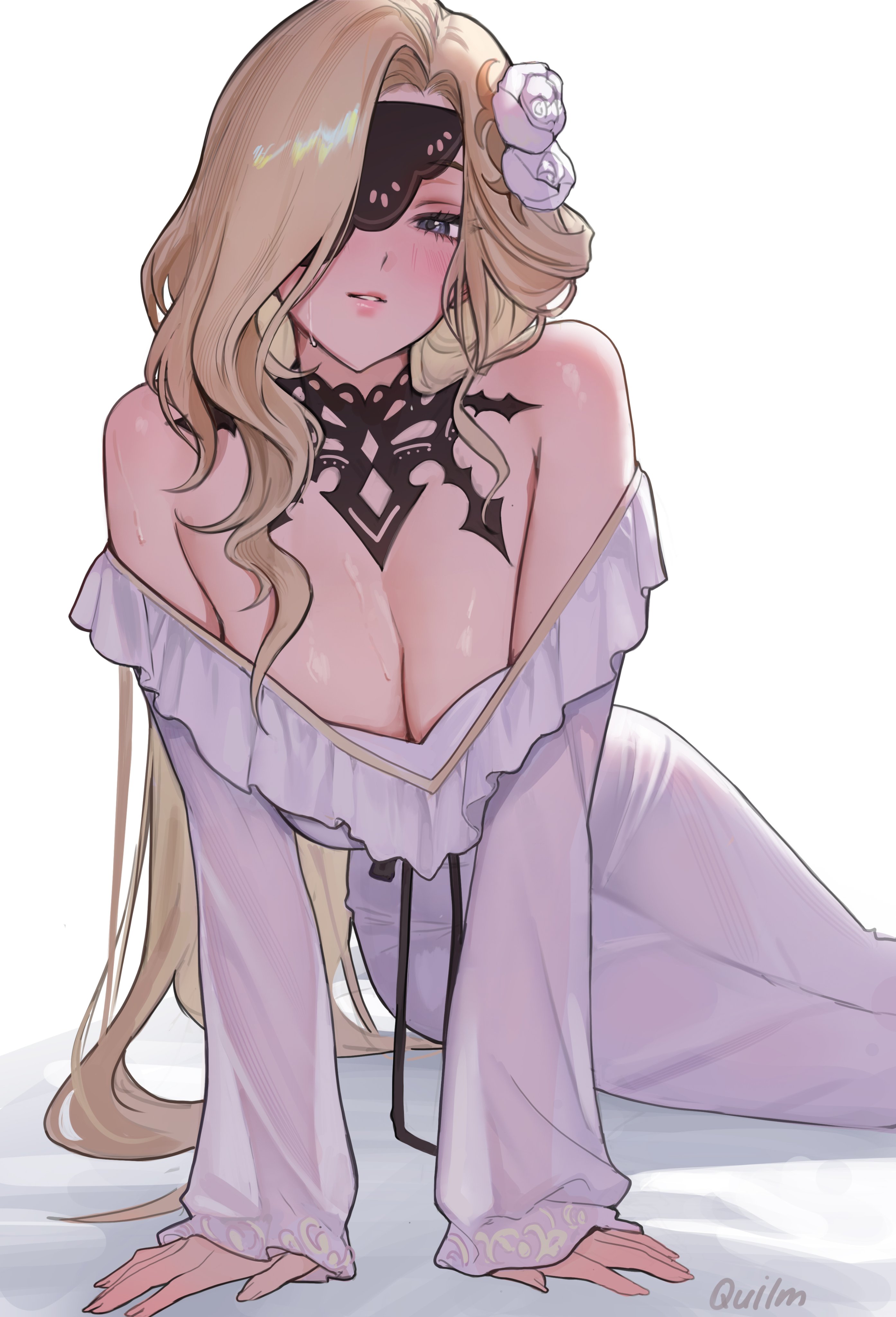 1girls, 2d, 2d (artwork), artist name, artist signature, bare shoulders, blonde hair, blue eyes, blush, breasts, digital media (artwork), dress, eyepatch, female, flower, flower in hair, genshin impact, hair, hair over one eye, half-closed eyes, highres, hoyoverse, large breasts, leaning, leaning forward, light skin, light-skinned female, long hair, looking at viewer, mihoyo, nightgown, one eye closed, parted lips, quilm, resting on arms, seductive, see-through, see-through clothing, signora (genshin impact), solo, sweat, sweatdrop, sweating, tagme, wet, wet skin, white background, white clothing, white dress