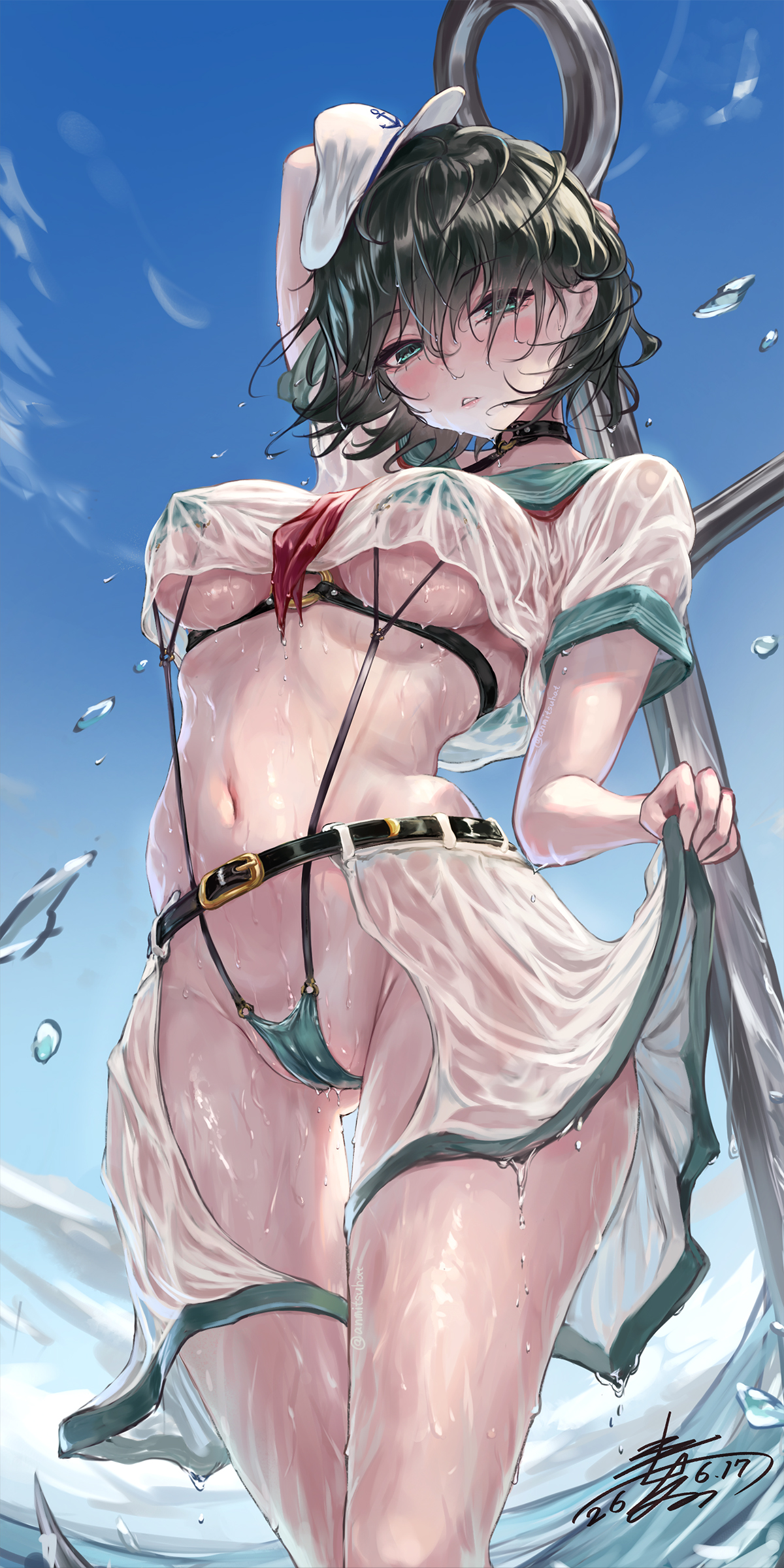 1girl, absurdres, adapted costume, anchor, arm behind head, arm up, ass visible through thighs, belt, black belt, black choker, black hair, blush, breasts, cameltoe, chest harness, choker, clothes lift, collared shirt, covered nipples, cropped shirt, crotchless shorts, day, eyes visible through hair, feet out of frame, floating hair, green eyes, green slingshot swimsuit, groin, half-closed eyes, harness, haruno (kuromitugozen), hat, highres, holding, holding anchor, large breasts, leaning back, lifting own clothes, lips, minamitsu murasa, murasa minamitsu, navel, o-ring, o-ring harness, outdoors, pale skin, panties, parted lips, revealing clothes, sailor collar, sailor hat, see-through clothes, see-through shirt, see-through shorts, see-through sleeves, shirt, shirt overhang, short hair, short sleeves, shorts, shorts lift, sky, slingshot swimsuit, solo, standing, stomach, swimsuit, swimsuit under clothes, tilted headwear, touhou, underboob, underbust, underwear, water, wet, wet clothes, wet face, wet panties, wet shirt, wet shorts