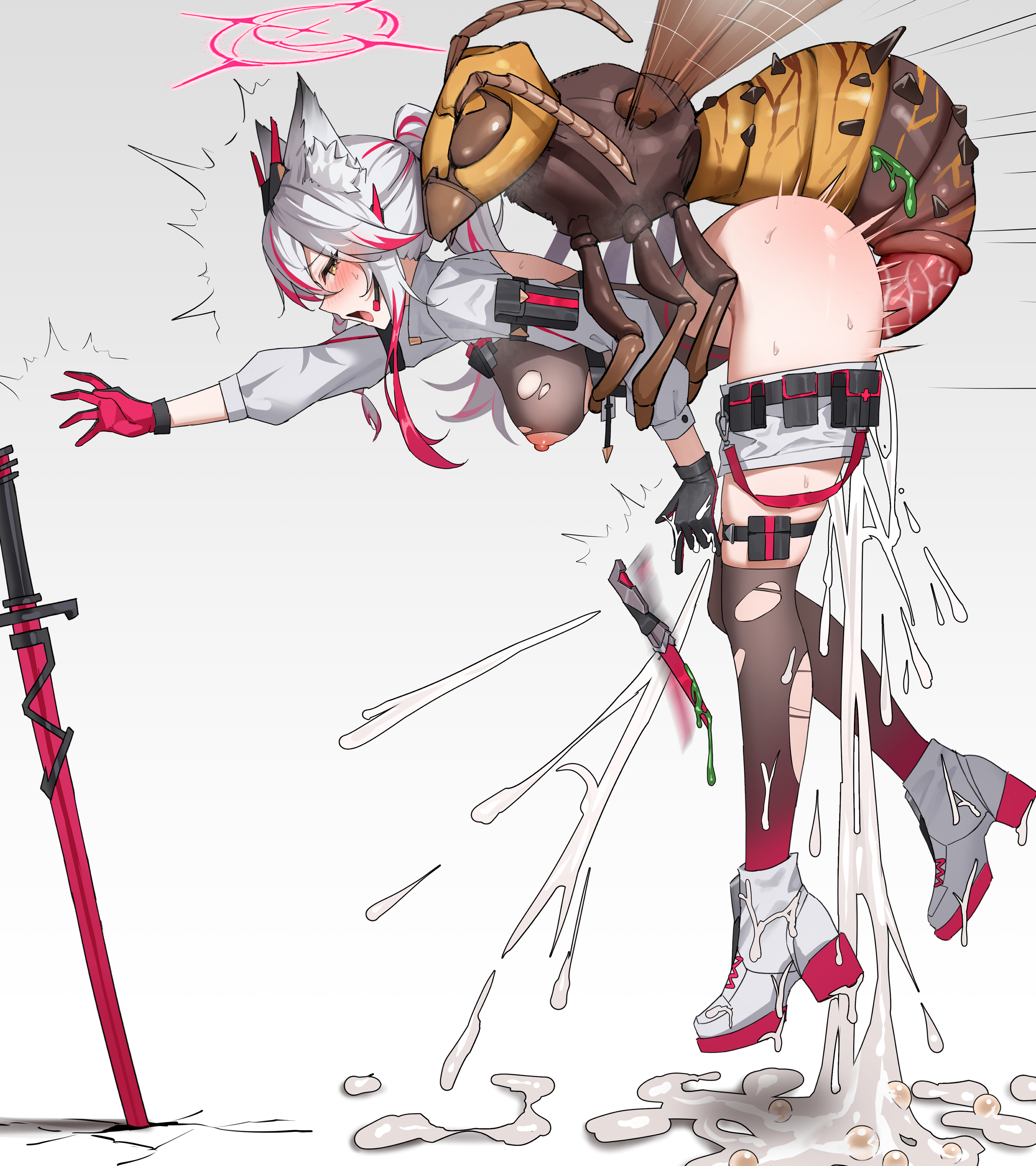 1girls, animal ears, artist request, bestiality, bestiality impregnation, black legwear, black thighhighs, blush, breasts, clothed sex, clothing, creampie, cum, cum in pussy, cum inside, cum on body, cumshot, defeated, dubious consent, egg implantation, egg laying, female, flying sex, from behind, gloves, impregnation, insect, insectophilia, interspecies, long, long hair, male, nipples, open mouth, original, original character, penetration, penis, questionable consent, rape, red gloves, size difference, suspension, sword, tagme (artist), thighhighs, vaginal egg implantation, vaginal penetration, wasp, white hair, yellow eyes, zoophilia