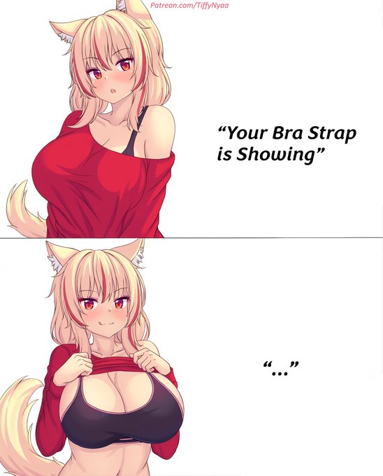 big breasts, blonde hair, blush, bra strap is showing (meme), cat ears, cat tail, catgirl, meme, patreon, patreon username, red eyes, red highlights, showing breasts, showing off, sports bra, tiffy, tiffynyaa