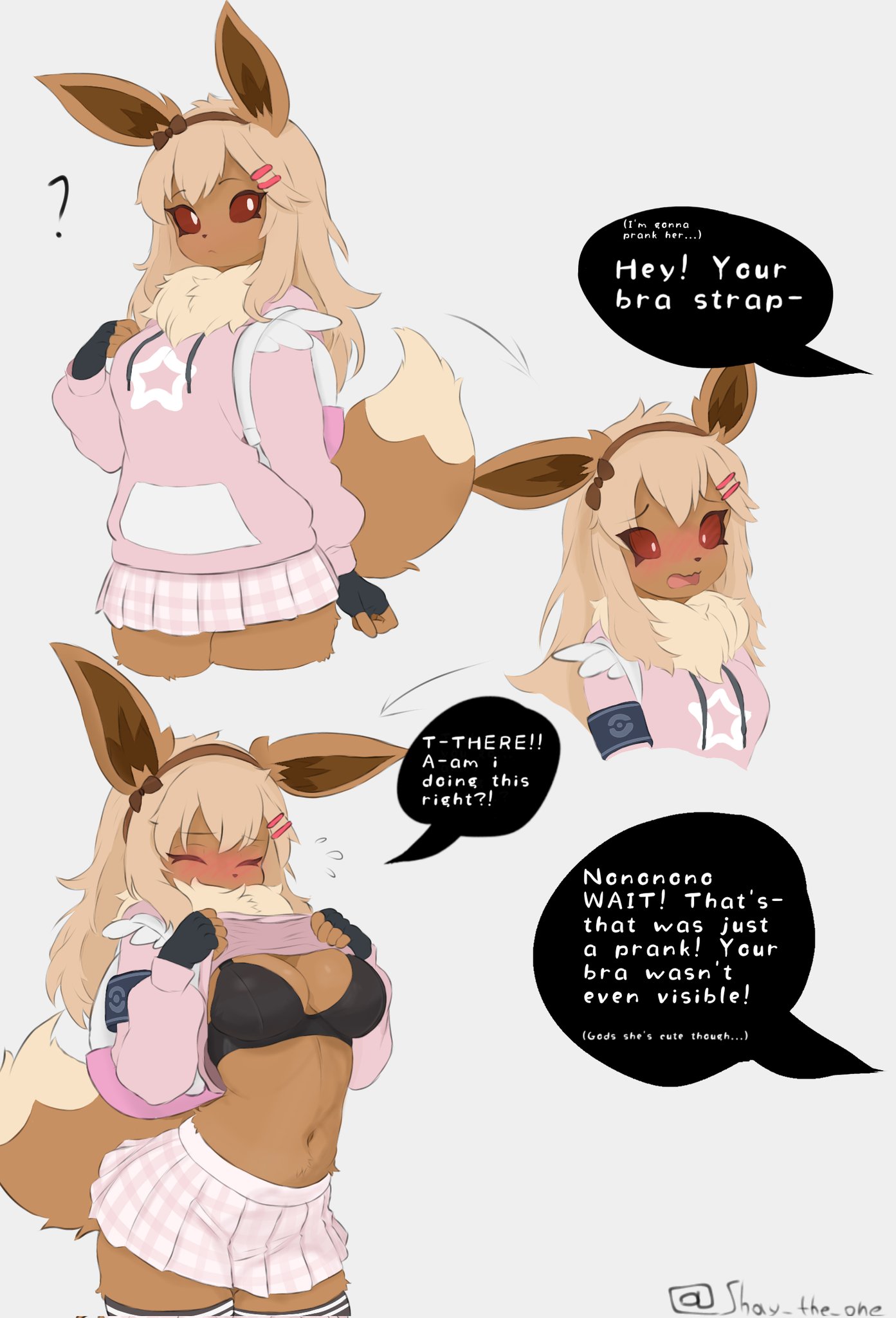 1girls, 2026, 2d, 2d (artwork), anthro, anthro only, artist logo, artist name, backpack, bikini, bikini top, blush, blushing, blushing female, boobs, bra, bra strap, bra strap down, bra strap is showing (meme), breasts, brown hair, brown skin, clothed, clothes lift, clothing, cute, cute face, dialogue, digital drawing (artwork), digital media (artwork), eevee, eeveelution, embarrassed, female, female focus, female only, flashing, flashing breasts, fluffy ears, fur, furry, furry female, furry only, game freak, generation 1 pokemon, hi res, highres, hot, jacket, lifting own clothes, meme, nintendo, pink jacket, pink skirt, pokemon, pokemon (species), red eyes, sexy, shay the one, showing boobs, showing breasts, shy, simple background, skirt, solo, solo female, solo focus, speech bubble, tail, text, text bubble, watermark, white background