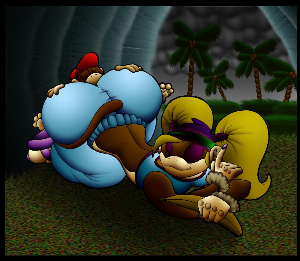 1boy 1girls alternate_body_type ass big_ass blonde_hair breasts butt_crush chimpanzee clothes diddy_kong donkey_kong_(series) facesitting female furry hair kong male monkey monkey_girl nintendo tiny_kong virus-20