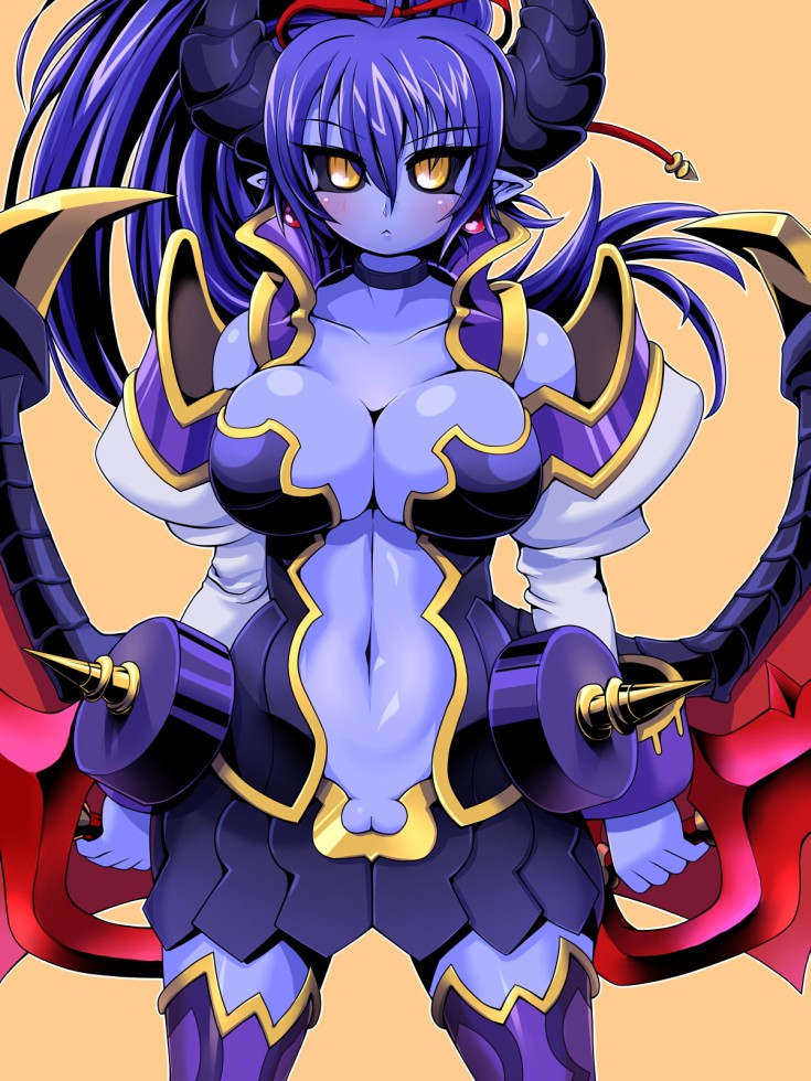 asmodeus_(shinrabanshou) bare_shoulders blue_hair blue_skin breasts clothing covered_breasts demon_girl demon_horns demon_wings detached_sleeves earrings female higuma hip_wings horns jewelry large_breasts long_hair monster_girl navel no_panties pointy_ears pussy shinrabanshou simple_background skirt solo standing succubus thighhighs uncensored weapon wings